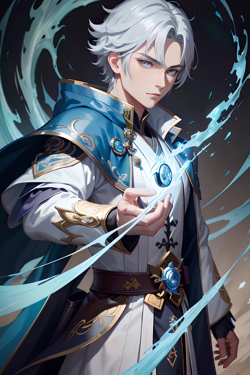 A close-up of a mage in mysterious style，He is holding a black Go game，Clear drawing style with Genshin impact，Presents the elementalist qualities of an ice mage，Includes a full portrait and image of a fantasy mage。