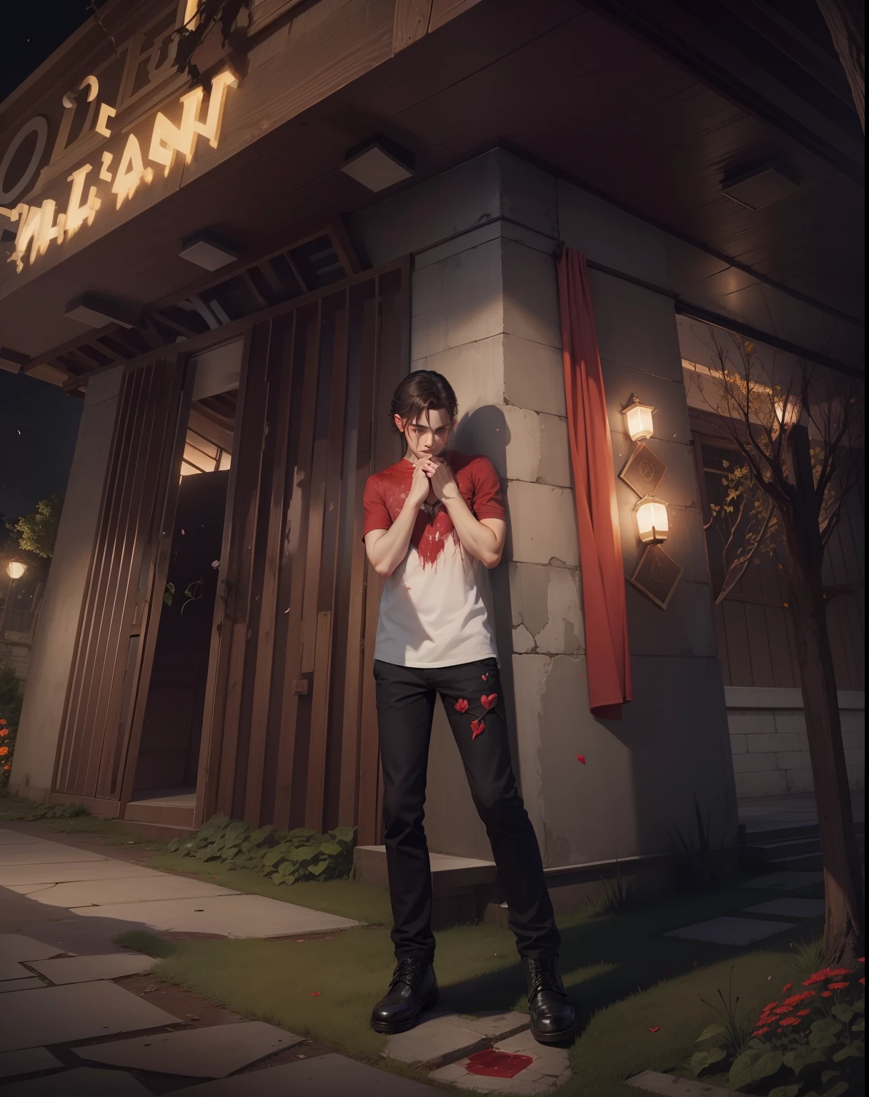 The background is a garden The heart is lying on the ground, blood is coming out of it and blood is coming from the boy's chest And right left is a tree in which flowers are falling down and the moon is visible in the sky