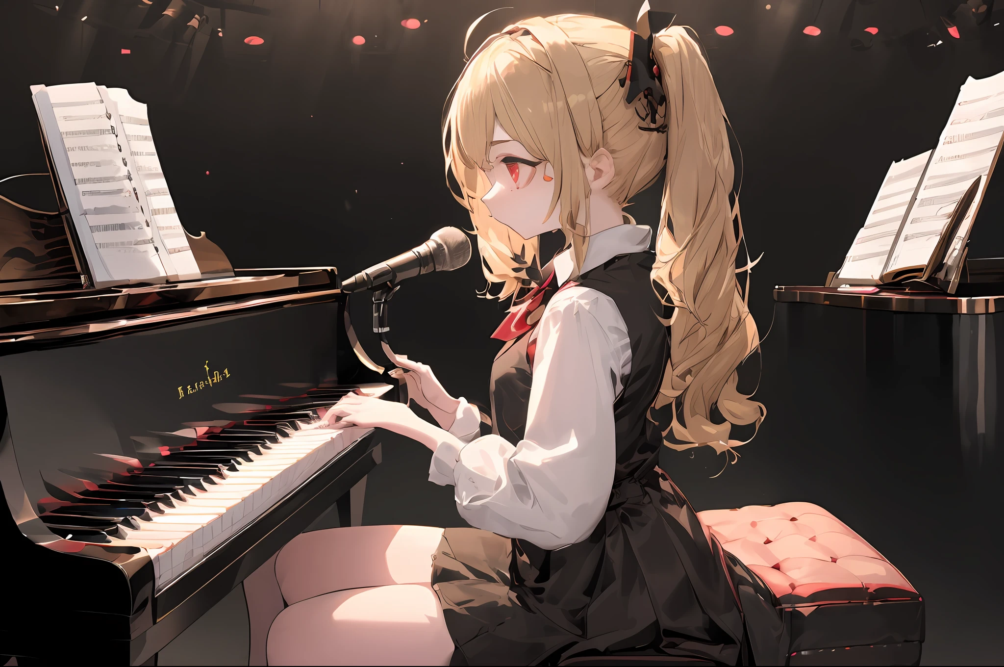 (masuter piece:1.3)、(top-quality:1.4)、超A high resolution、(Super detailed illustration)、(Detailed Eye Features)、(detailed facial features)、(detailed clothes features)、1 girl playing the piano、(piano:1.2)、The shirt、shairband、red eyes、skirt by the、vests、Twin-tailed、Piano Focus、long-sleeve、a blond、(microphone:1.2)、White shirt、Neck ribbon、shirt with collar、Sing a song、a black skirt、Black vest、From Side、depth of fields、light particules、sitting on、Piano chair、Colorful concert hall