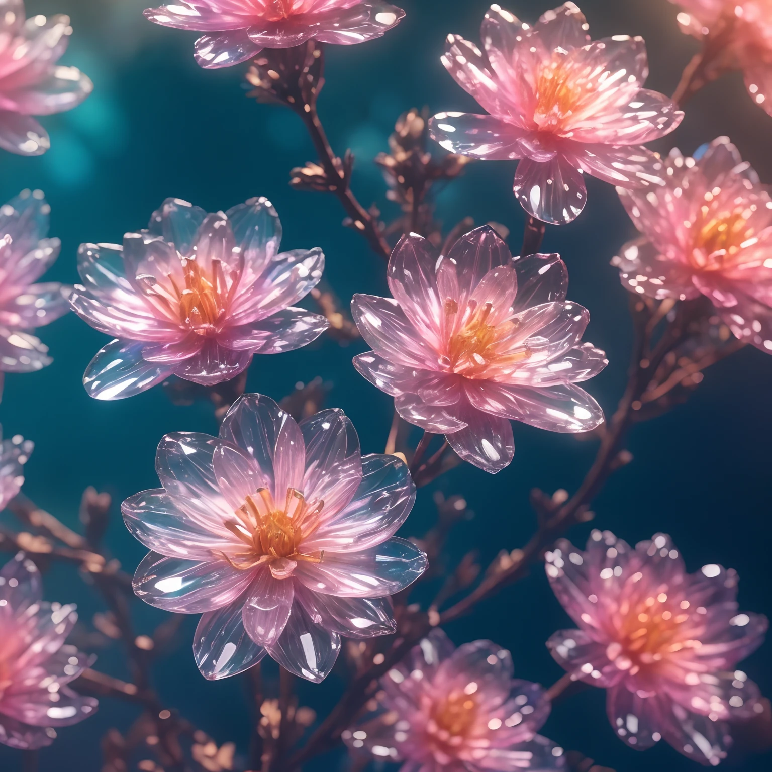 crystal spring blossom,
fantasy, galaxy, transparent, 
shimmering, sparkling, splendid, colorful, 
magical photography, dramatic lighting, photo realism, ultra-detailed, 4k, Depth of field, High-resolution