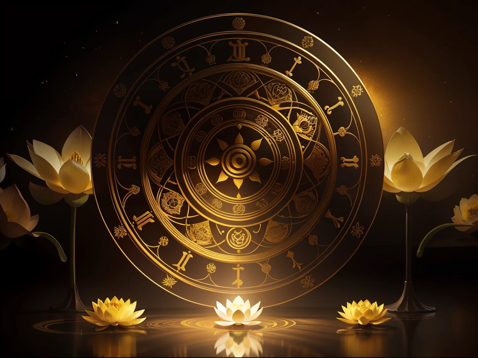 Imagine a serene scene inspired by Buddhist philosophy, where a vibrant lotus flower stands against a backdrop of rich yellow hues. The lotus, symbolizing purity and enlightenment, blooms with intricate petals that exude a sense of tranquility. As you gaze deeper into the image, you notice the arrangement resembling a mandala, with the twelve zodiac signs gracefully positioned like the hands of a clock. This fusion of Buddhist symbolism and astrological elements creates a harmonious blend, inviting contemplation and a sense of timeless connection.