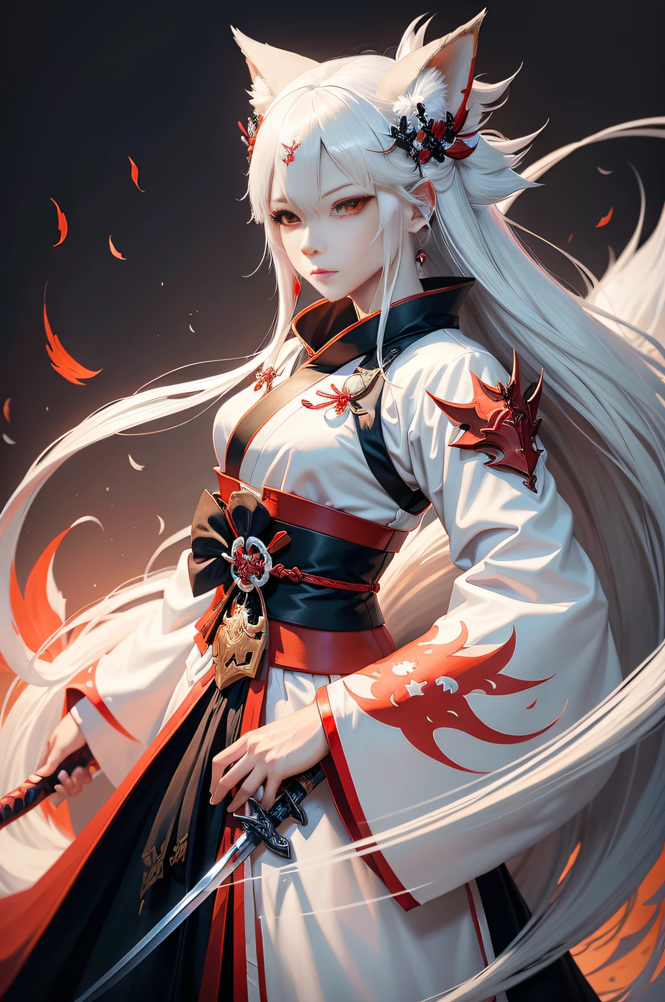 (Onmyoji detailed art,Portrait of anime character holding a sword in white hair, red and black costume) (A fox believer from Arknights holds a Japanese-style katana,White-haired god,White-haired fox) white fox anime,a beautiful kitsune woman,Flowing white robe,Sharp eyes,The face is delicate and beautiful