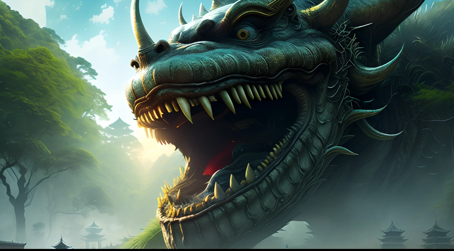 (Extreme close-up) photore (Scared:1.1) (A small Chinese temple from the 12th century:1.2), (rainforests:0.9), (tall grass:1.2), (Huge old dead alien silver monster left in the background:1.2), Wet, rays of sunshine, insanely details, Cinematic, epic realistic, Intricate details, ultra - detailed, High quality, primitive, author：Jakub Rozalski