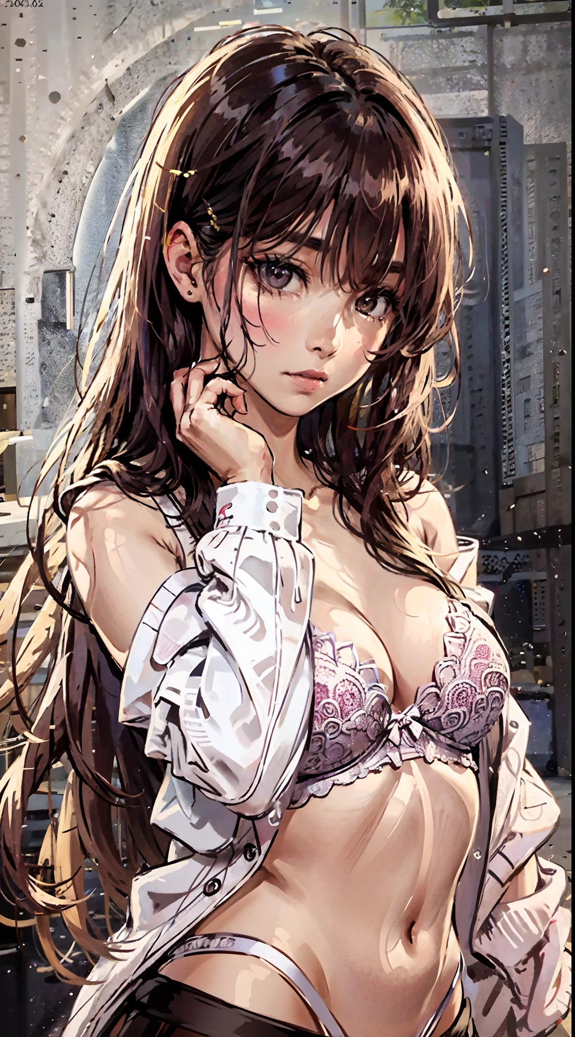 (8k, RAW photo, best quality, masterpiece:1.2), yjnn, 1girl, 2d anime, asian, bangs, bare_shoulders, bow, bra, breasts, brown_eyes, brown_hair, cleavage, lips, long_hair, long_sleeves, looking_at_viewer, medium_breasts, navel, nose, off_shoulder, open_clothes, open_shirt, panties, realistic, shirt, solo, stomach, underwear, undressing, upper_body, white_panties, japanese school uniform, Shiny skin, beautiful delicate face, beautiful delicate eyes ,(realistic, photo realistic:1), hand touches bra