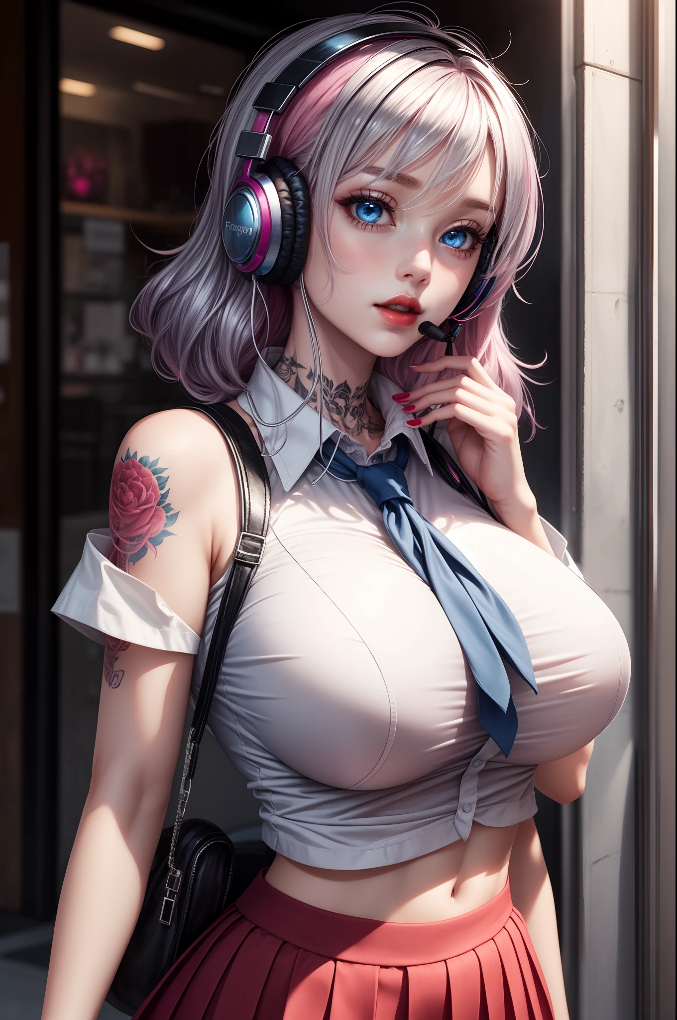 schoolgirls,Fuchsia hair,With silver headphones,Blue eyes,Red lips are attractive,The upper part of the body,white shirt,cropped shoulders,huge tit,There are tattoos on the shoulders