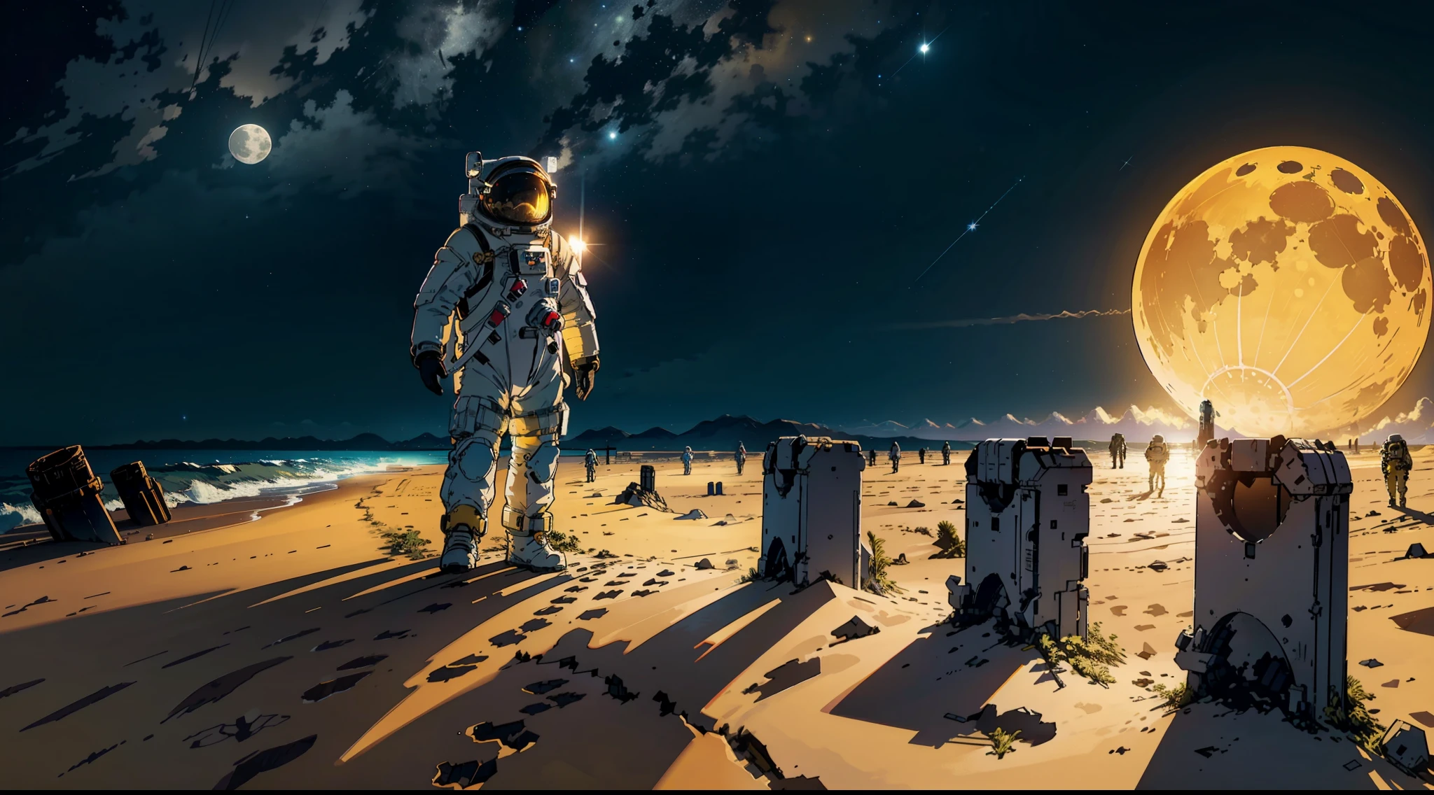 An astronaut in an intricate spacesuit walking on the beach with a single yellow full moon visible behind him, A starless night sky, full moon, The ruins of a ship in the sand, Masterpiece, Wide viewing angle, Award-Standing, Best Quality.