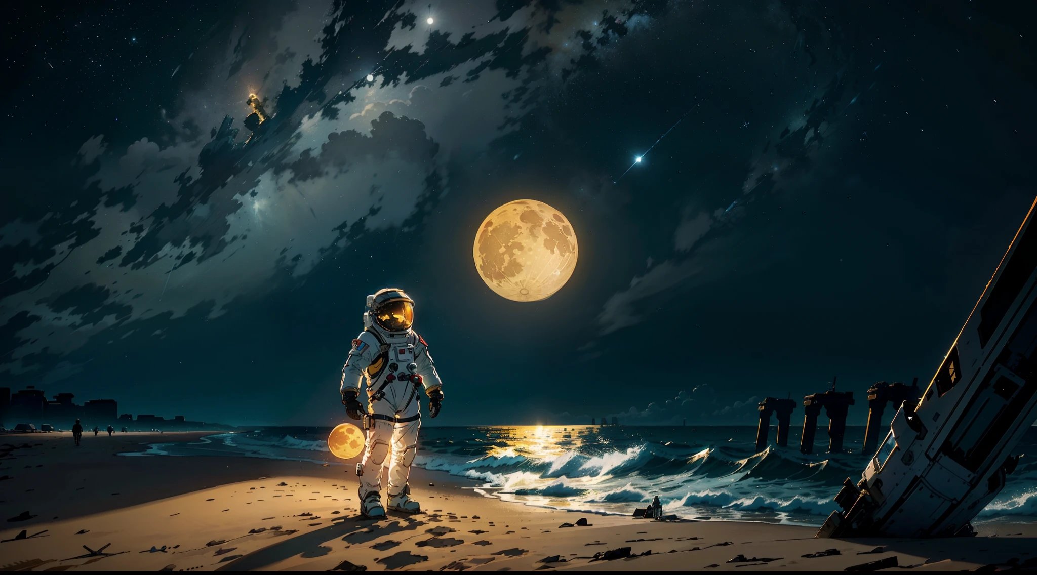 An astronaut in an intricate spacesuit walking on the beach with a single yellow full moon visible behind him, A starless night sky, full moon, The ruins of a ship in the sand, Masterpiece, Wide viewing angle, Award-Standing, Best Quality.
