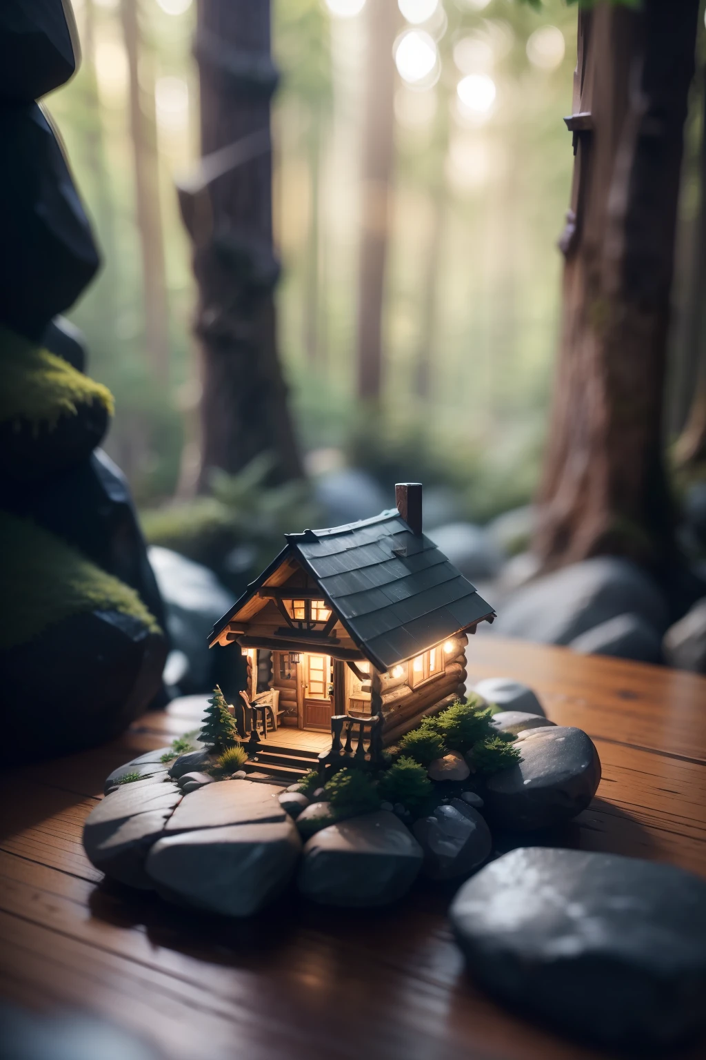 A tiny cabin (Masterpiece, Best Quality, High Quality, Highres:1.4), Detailed, Extremely Detailed, Ambient Soft Lighting, 4K,Blurry, Blurry Background, Depth of Field, Bokeh, DOF, Fog, Bloom Outdoors, (Nature, fantasy forest:1.2), (Rocks:1.2), sunny, sunlight, sunbeam, extreme terrain