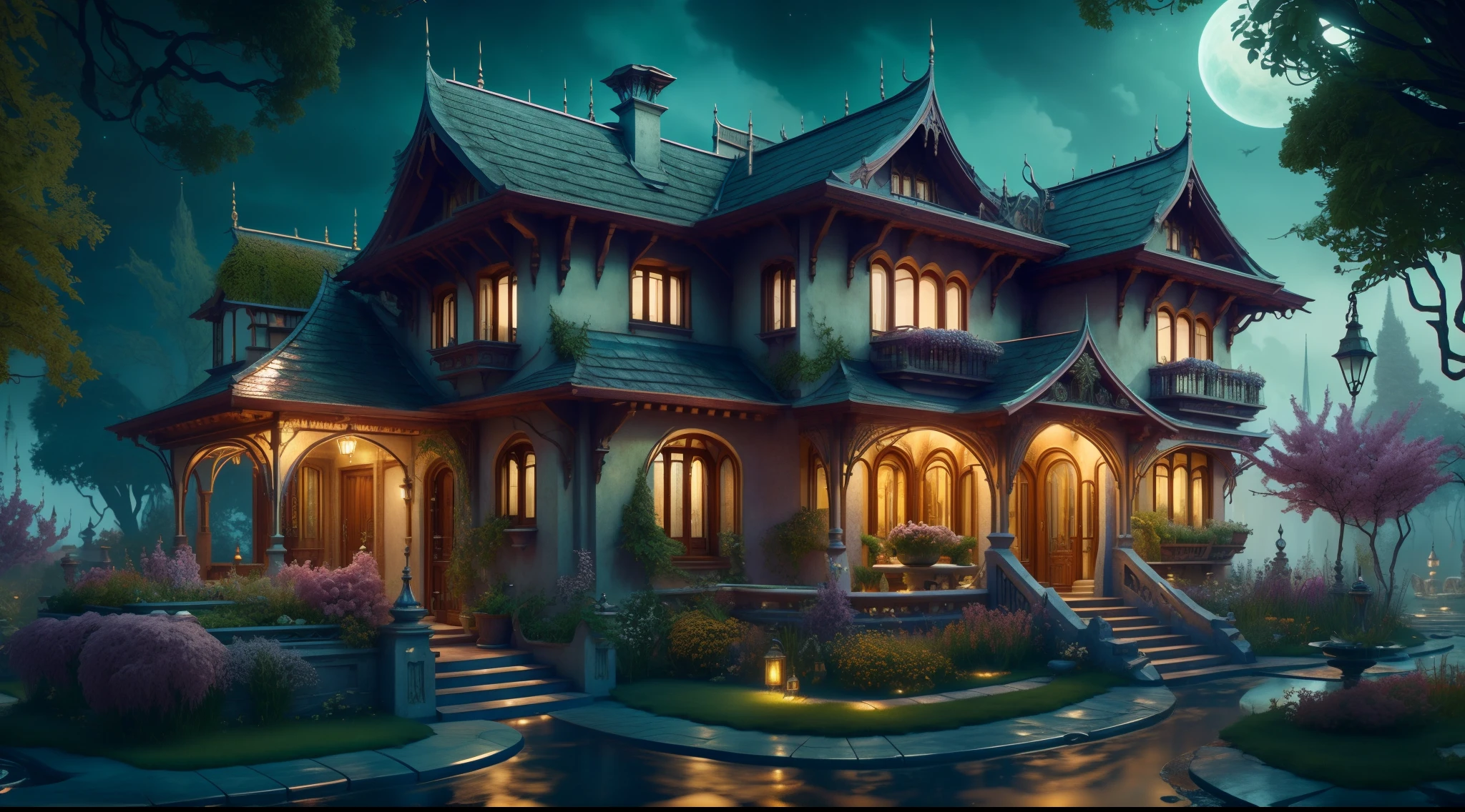 "picturesque art nouveau house, breathtaking architecture charming, enchanting magical fantasy ambiance, (masterpiece), (best quality), (ultra-detailed) beautiful surroundings in the background, many flowers and trees, insanely detailed and intricate, hypermaximalist, elegant, ornate, hyper realistic, Cinematic Lighting, scenery, octane render"