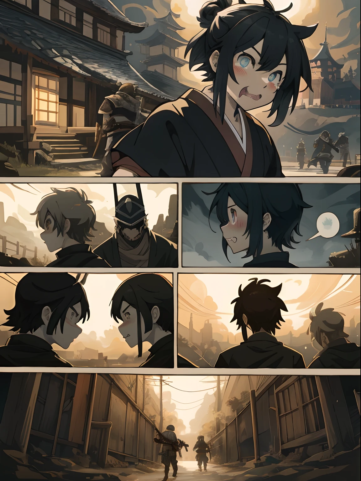 Top quality, Best quality, High-quality illustrations, A high resolution, Masterpiece, Super high resolution, Detailed background, Japan castle, samurais, 6+Boys, 6+Girls, absurderes(Highly detailed beautiful face and eyes)Perfect anatomy, Good lighting, cinematic shadow, Serious, Tear and bite, Smile, amaze, irate(komono, The Walking Dead Human)a variety of poses, Various expressions, Various angles(Battle manga, Bold cartoon-style panel layout, Voice balloons, Hand drawn sound effect stickers used in comics),