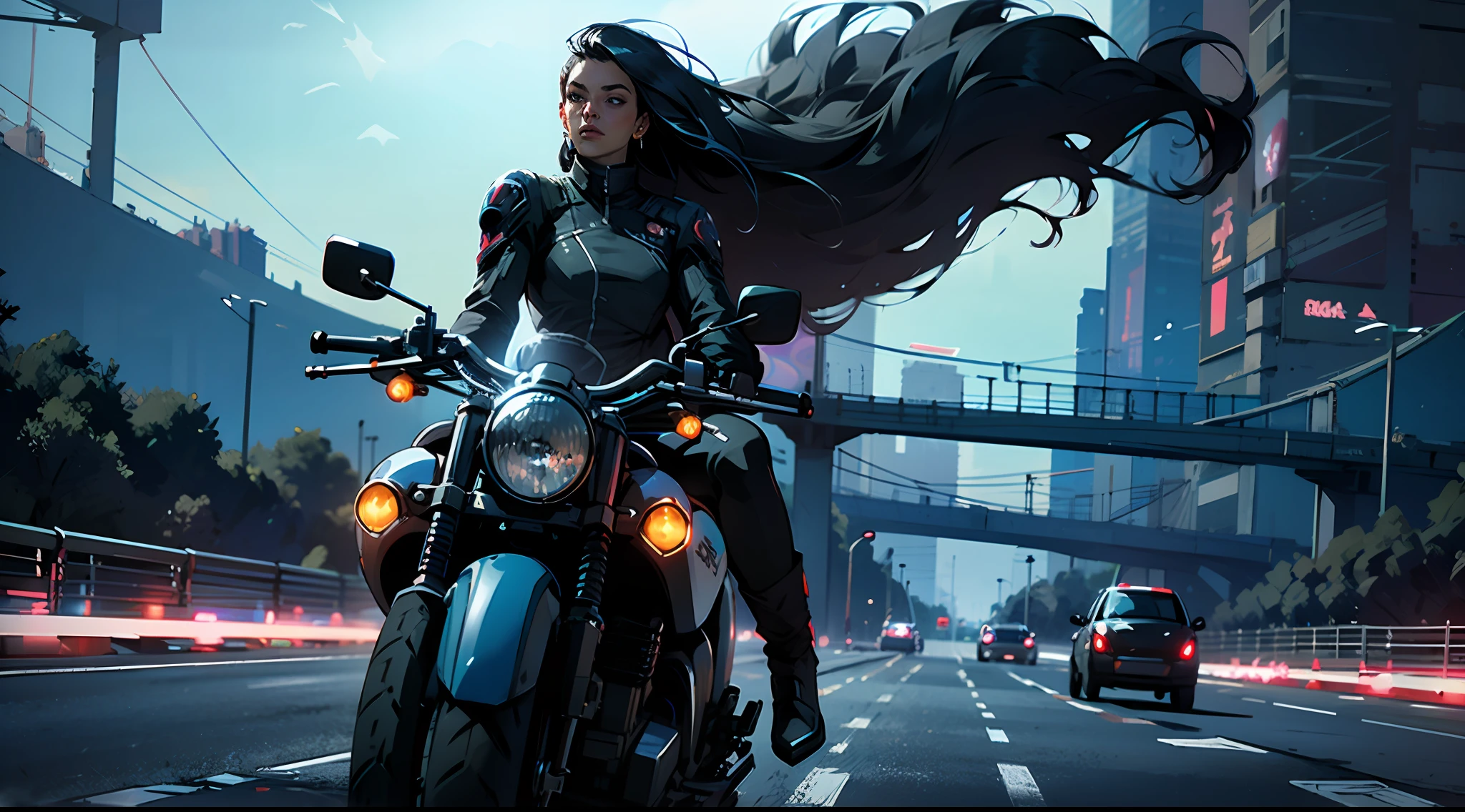 Nijistyle, RFKTR_Tecnotrex, mulher explorando planetas, alien worlds, a motorcyclist driving too fast on a highway, Arte Oficial, Unity 8k imagem de frente , Ultra Detalhado, handsome and aesthetic, obra-prima, melhor qualidade, realista,Beautiful woman with long hair fluttering from the wind , cabelo preto, akirabike vermelho brancoa em alta velocidade, cyberpunk vista da cidade, Epic fabric , Uniforme cyberpunk