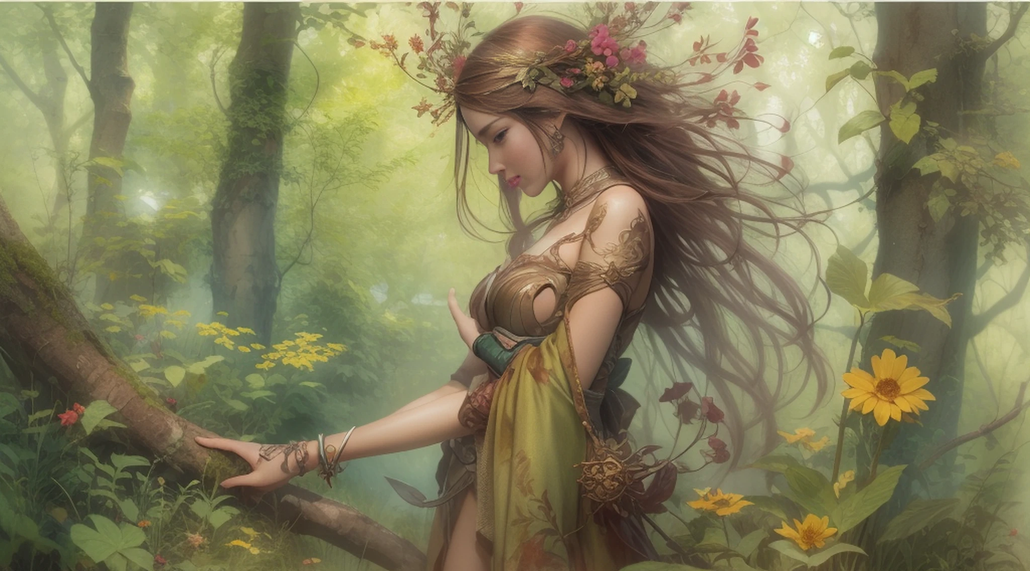 Mulher elfa, roupas verdes, full body standing on a forest, flores e folhas, Fundo da floresta muito iluminado com muitas flores e folhas, folhas de cerejeiras caindo, Minimalista, inacabado, arte conceitual, por Brian Froud e Carne Griffiths e Wadim Kashin e John William Waterhouse, detalhes intrincados, 8k post production, high resolution, hiperdetalhado, trending on ArtStation, foco nítido, Studio photo, detalhes intrincados, altamente detalhado, Directed by: Greg Rutkowski