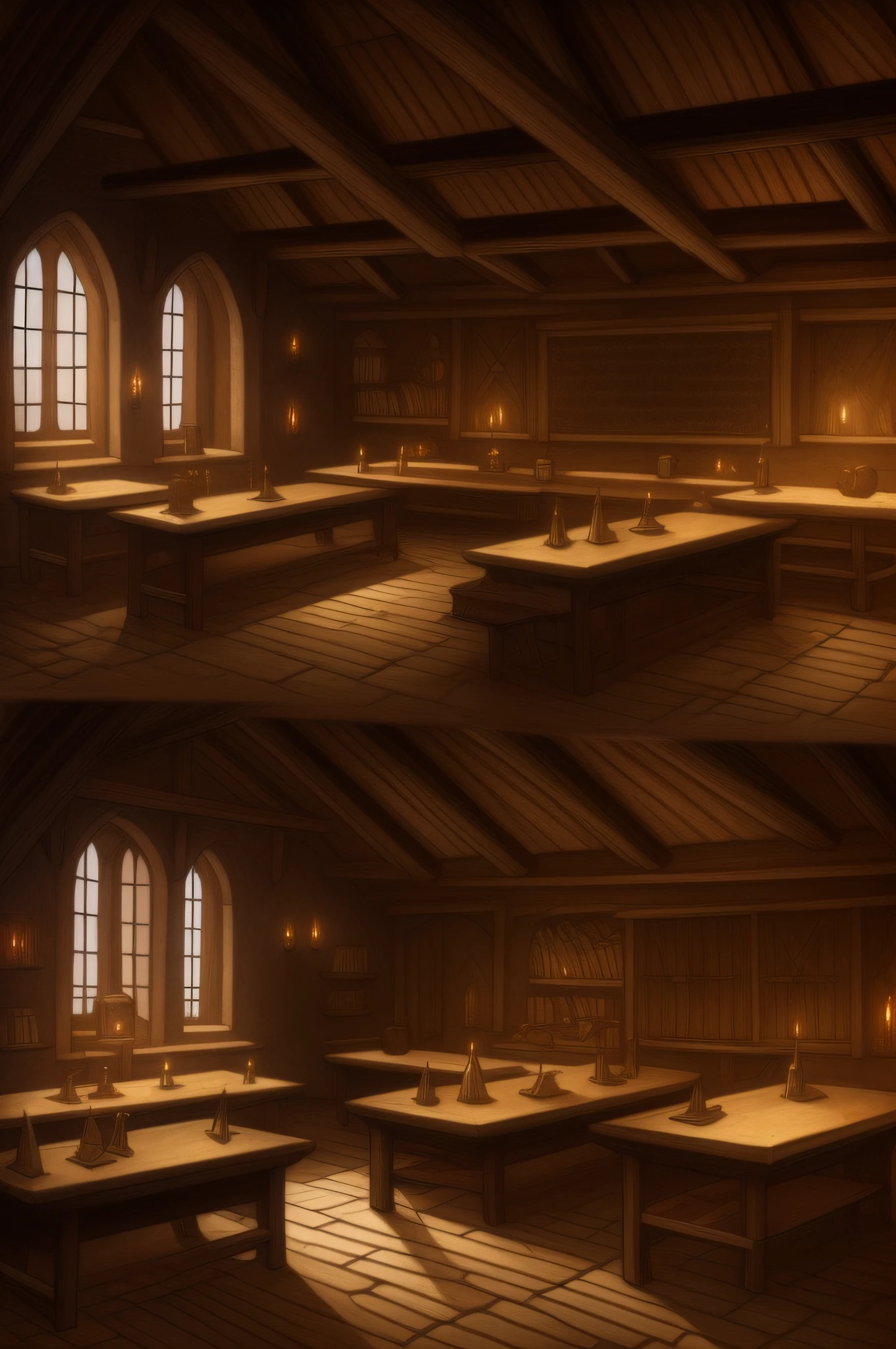 (draws a medieval classroom with a dark setting)