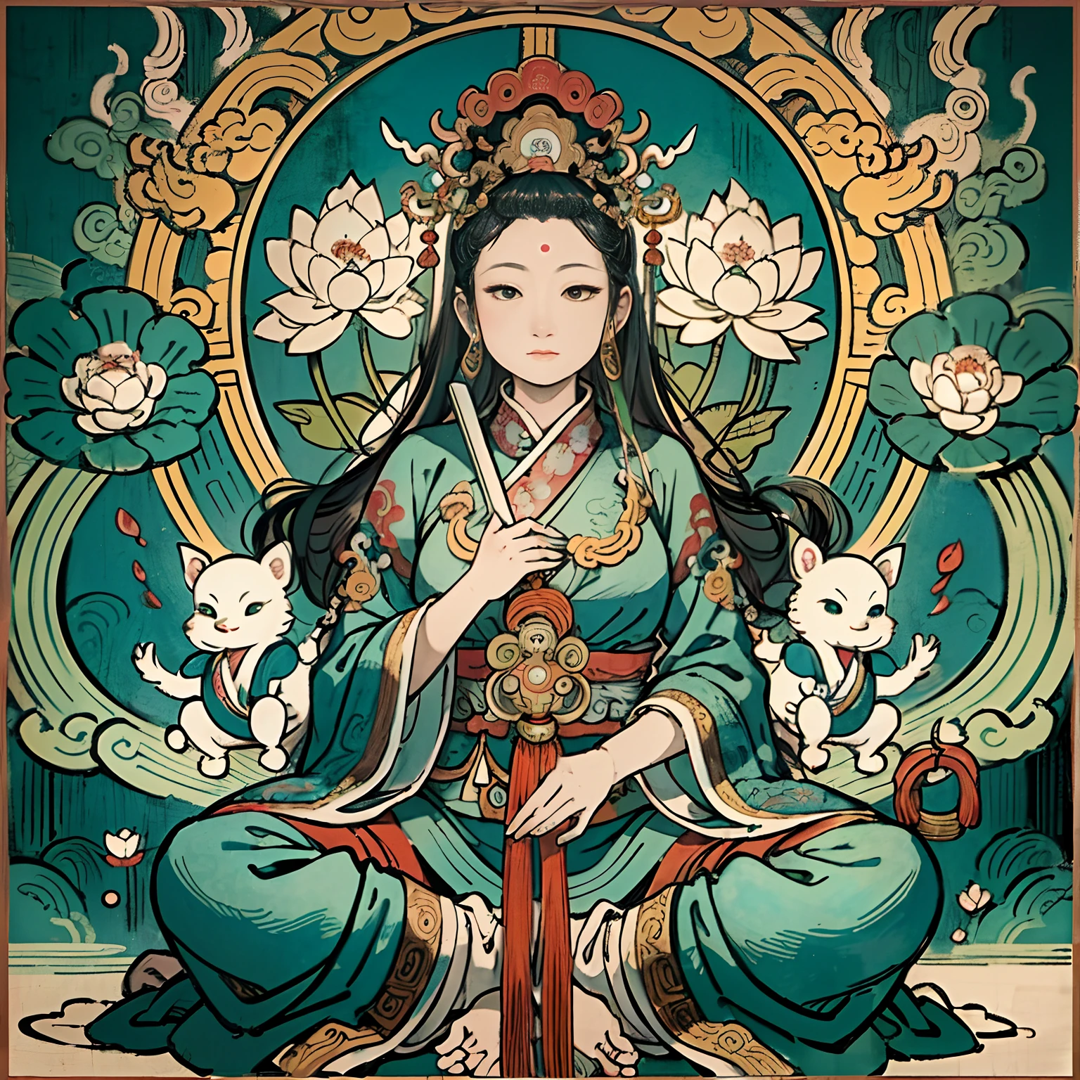 an ancient Chinese goddess, guanyin of the southern seas, Guanyin, Inspired by India, Avalokiteshvara,,Serene expression,shui mo hua,Buddha,Buddhist,Lotus,Chinese painting style,Thangka style