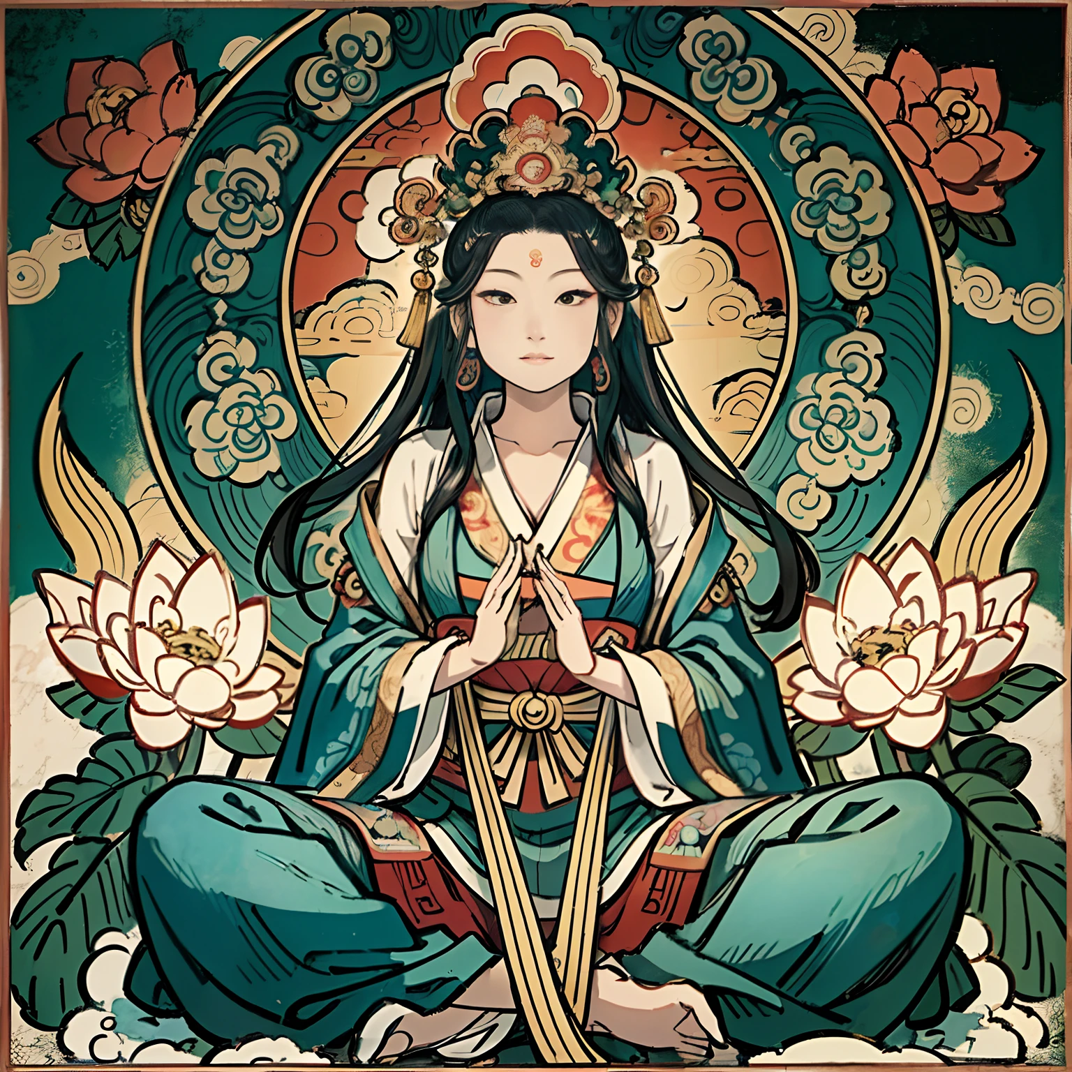 an ancient Chinese goddess, guanyin of the southern seas, Guanyin, Inspired by India, Avalokiteshvara,,Serene expression,shui mo hua,Buddha,Buddhist,Lotus,Chinese painting style,Thangka style