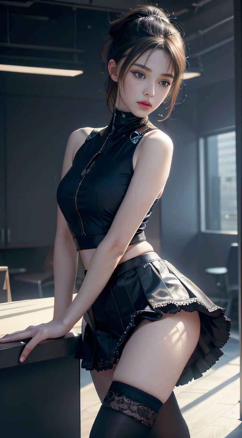 (8K, RAW photo, Best quality, Mastery:1.2), (Realistic, photo-realistic:1.37),1 girl,Cute,Blue eyes, (Solo),full-body portraits,Detailed ponytail,Dramatic angles,office room,looking at viewert,angle of view ,cyber punk perssonage,Short black lace skirt,