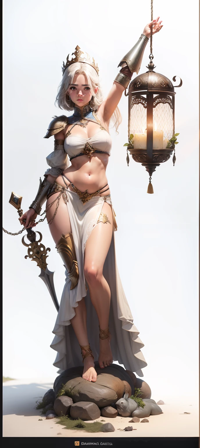 O peito envolto de armadura greco-romana dourada, barriga com cinta dourada, cabelo preso, adornos nos calcanhares, barefoot, saia passando pela coxa direita, cinto medieval feminino na barriga com detalhes e runas, Unadorned arms, molhadinha, bicos durinhos