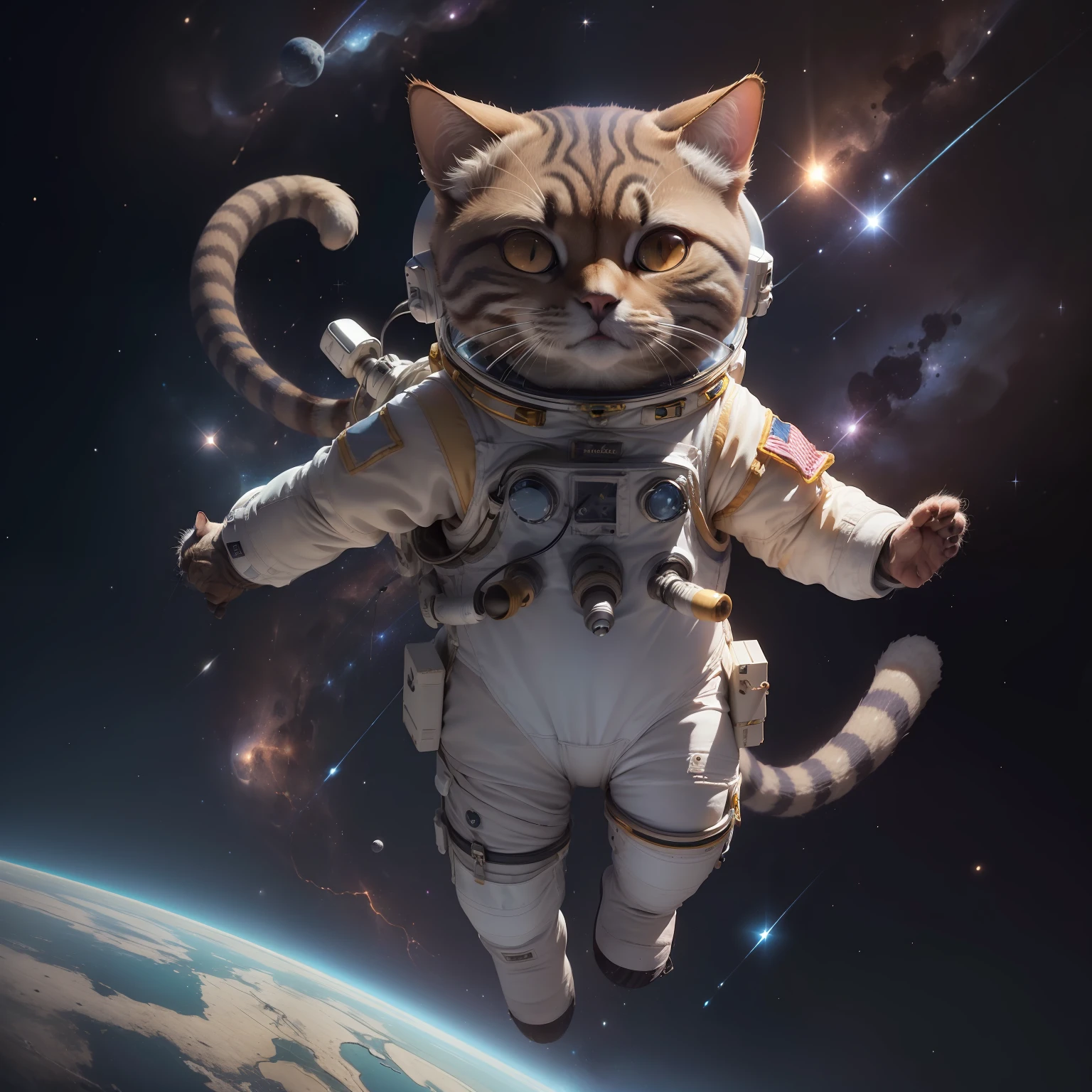 (c((gato astronauta corpo inteiro)), astronauta, arte realista, arte desviante, trending artstation, arte digital, muito detalhado, realista, Humanoid, personagem, Film shooting, Cinematic portrait of astronaut cat floating full body