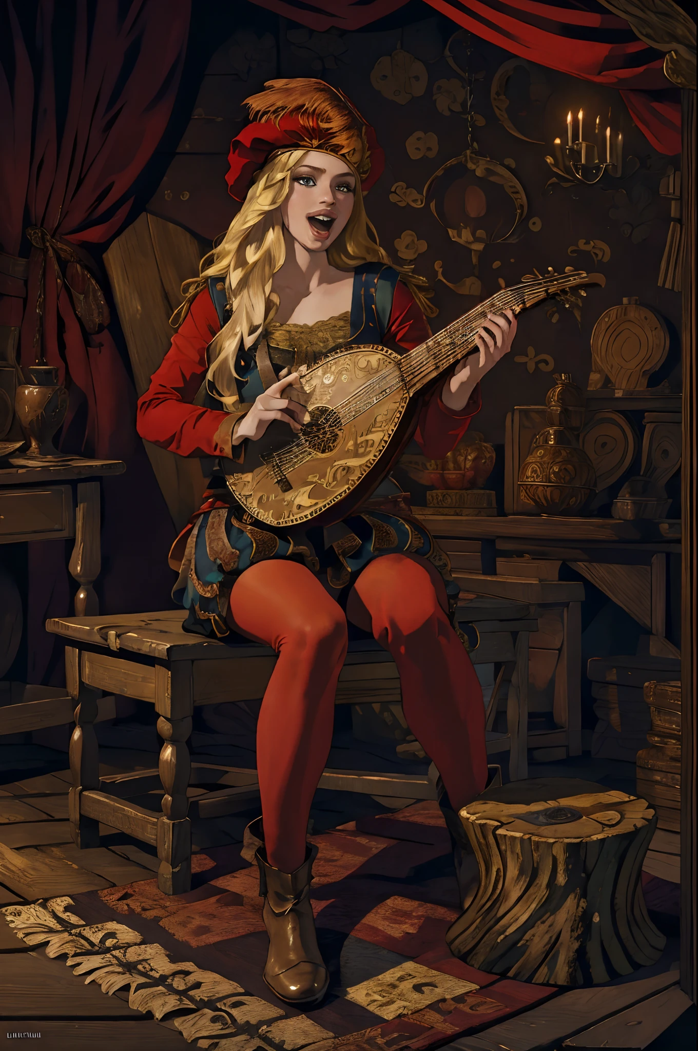 (masterpiece, top quality, best quality, official art, detailed:1.2), priscillaW3, 1girl, solo, long hair, open mouth, blonde hair, red hat, sitting, tree stump, lute (instrument)