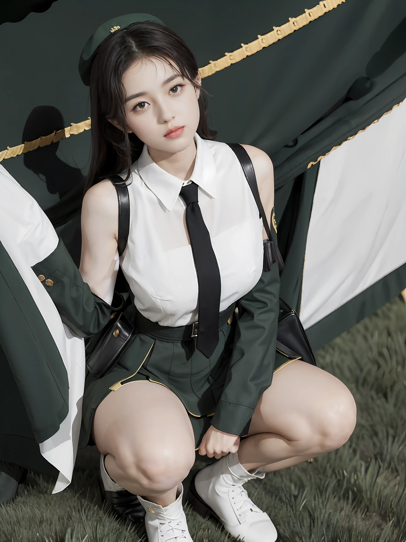Very detailed CG unity 8K wallpaper，（tmasterpiece），（best qualtiy），（ultra - detailed），（Ultra photo realsisim），（best character detail：1.36），Nikon D750 f / 1.4 55mm，profesional lighting， physically-based renderingt, 1girll, Female soldier，army suit，Green military uniform，Fabric texture military uniform，Pure white lining，Dark green tie，Army green skirt，military hat，Black hair，the golden ratio,[:(com rosto detalhado:1.2):0.2]:,PureErosFace_V1, broad shoulder,(Bigchest:1.5),(big assa:1.5)，Wide buttock ，Bare legged，Plump legs，Move the center of gravity back，Squat on the grass，Spread your legs apart，The skirt covers the bottom of the skirt，whitestocking，Small black leather shoes，hands lying on thighs，Soaked with sweat，red flags，At the cafe，Night Street，bright sun，Look at the audience from the front，Bright smile，White teeth，lighting，Contre-Jour，