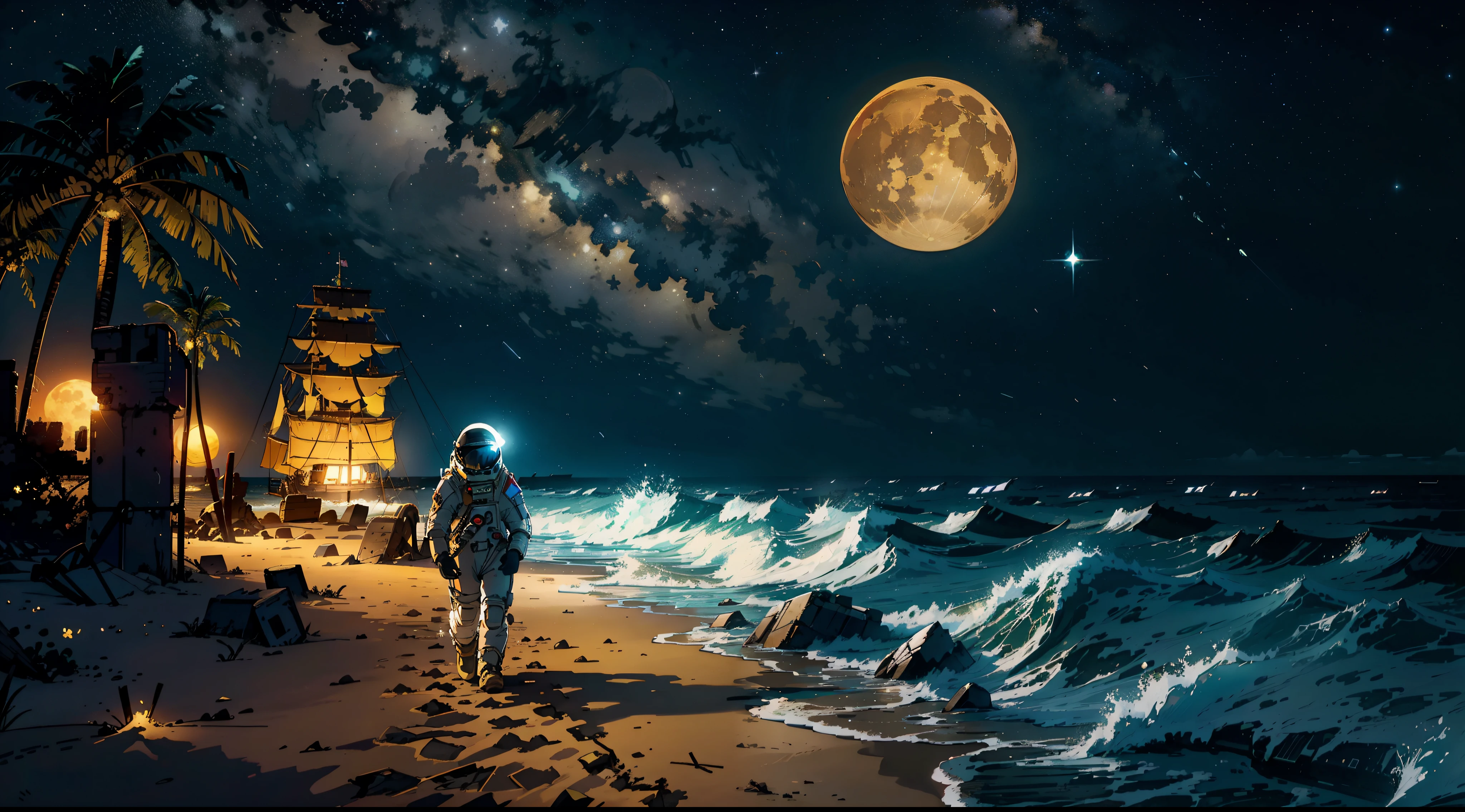 An astronaut in an intricate spacesuit walking on the beach with a single yellow full moon visible behind him, A starless night sky, full moon, The ruins of a ship in the sand, Masterpiece, Wide viewing angle, Award-Standing, Best Quality.