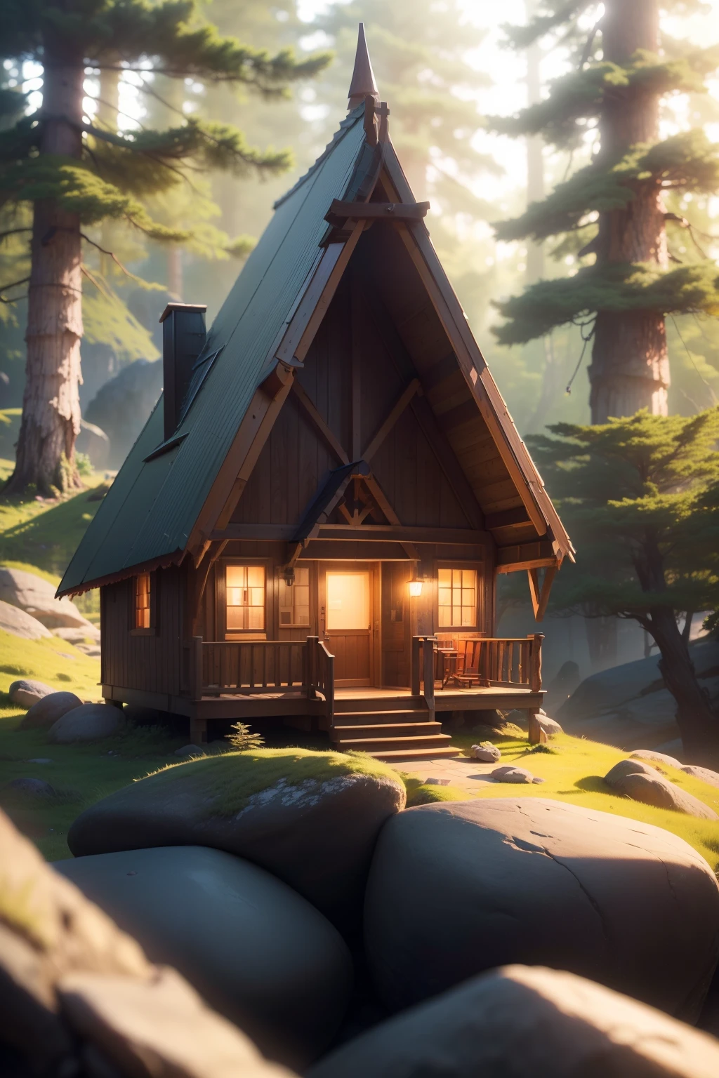 A tiny A-frame house (Masterpiece, Best Quality, High Quality, Highres:1.4), Detailed, Extremely Detailed, Ambient Soft Lighting, 4K,Blurry, Blurry Background, Depth of Field, Bokeh, DOF, Fog, Bloom Outdoors, (Nature, fantasy forest:1.2), (Rocks:1.2), sunny, sunlight, sunbeam, extreme terrain