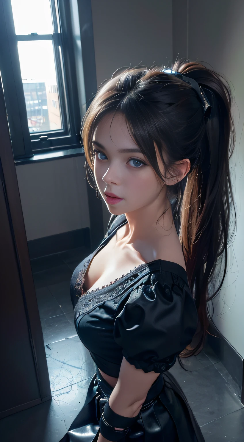 (8K, RAW photo, Best quality, Mastery:1.2), (Realistic, photo-realistic:1.37),1 girl,Cute,Blue eyes, (Solo),full-body portraits,Detailed ponytail,Dramatic angles,office room,looking at viewert,angle of view ,cyber punk perssonage,Short black lace skirt,