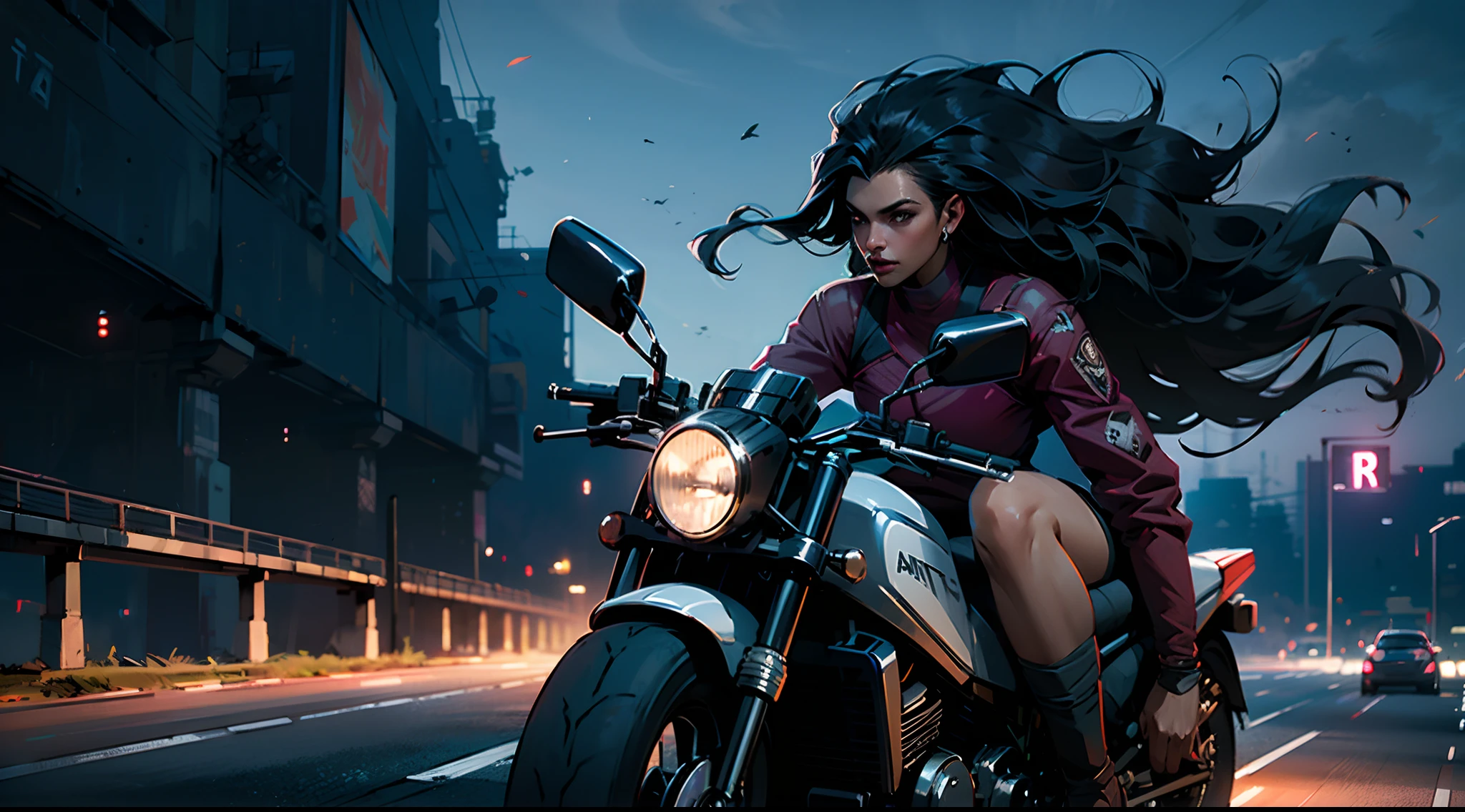 Nijistyle, RFKTR_Tecnotrex, mulher explorando planetas, alien worlds, a motorcyclist driving too fast on a highway, Arte Oficial, Unity 8k imagem de frente , Ultra Detalhado, handsome and aesthetic, obra-prima, melhor qualidade, realista,Beautiful woman with long hair fluttering from the wind , cabelo preto, akirabike vermelho brancoa em alta velocidade, cyberpunk vista da cidade, Epic fabric , Uniforme cyberpunk