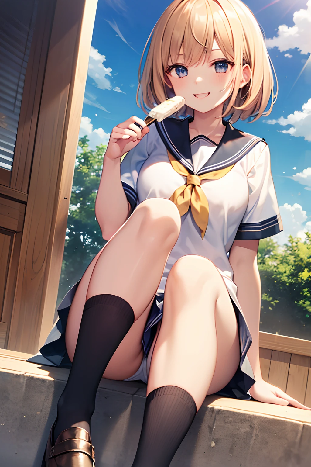 masutepiece, of the highest quality, One girl, Solo, Very sensitive eyes, Nice face, Smile,Summer sky, Short sleeve sailor suit, Eating ice cream, (Black socks: 1.4),Brown loafers