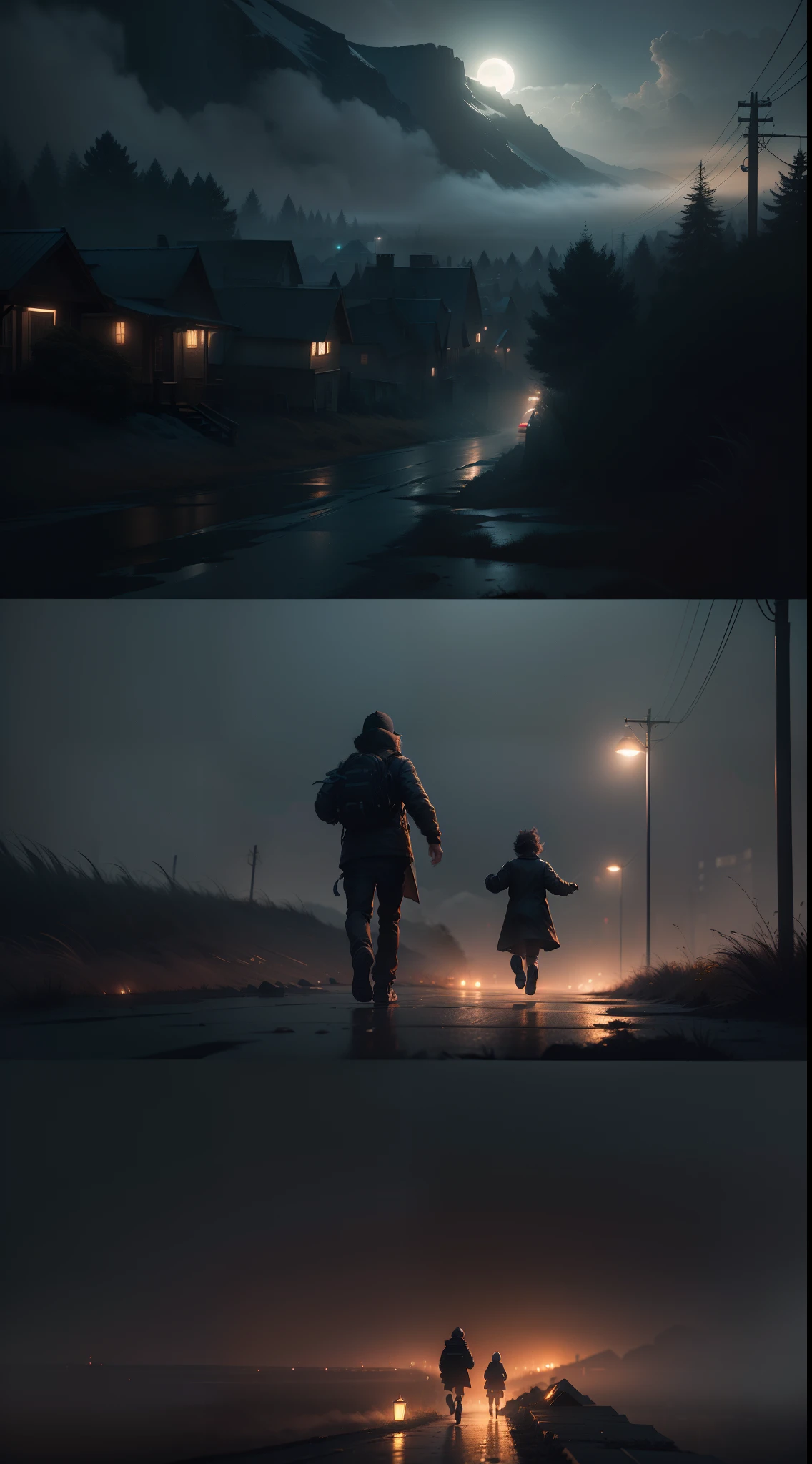 (the year is 2023), (two running from small demons) dark midnight moonlight backlight fog (masterpiece:1.2) (illustration:1.2) (best quality) (detailed) (intricate) (8k) (HDR) (wallpaper) (cinematic lighting) (sharp focus) one, solo, alone, horror, creepy, fall weather, fire, rain, fog, smoke, background of a small town, (facing camara)