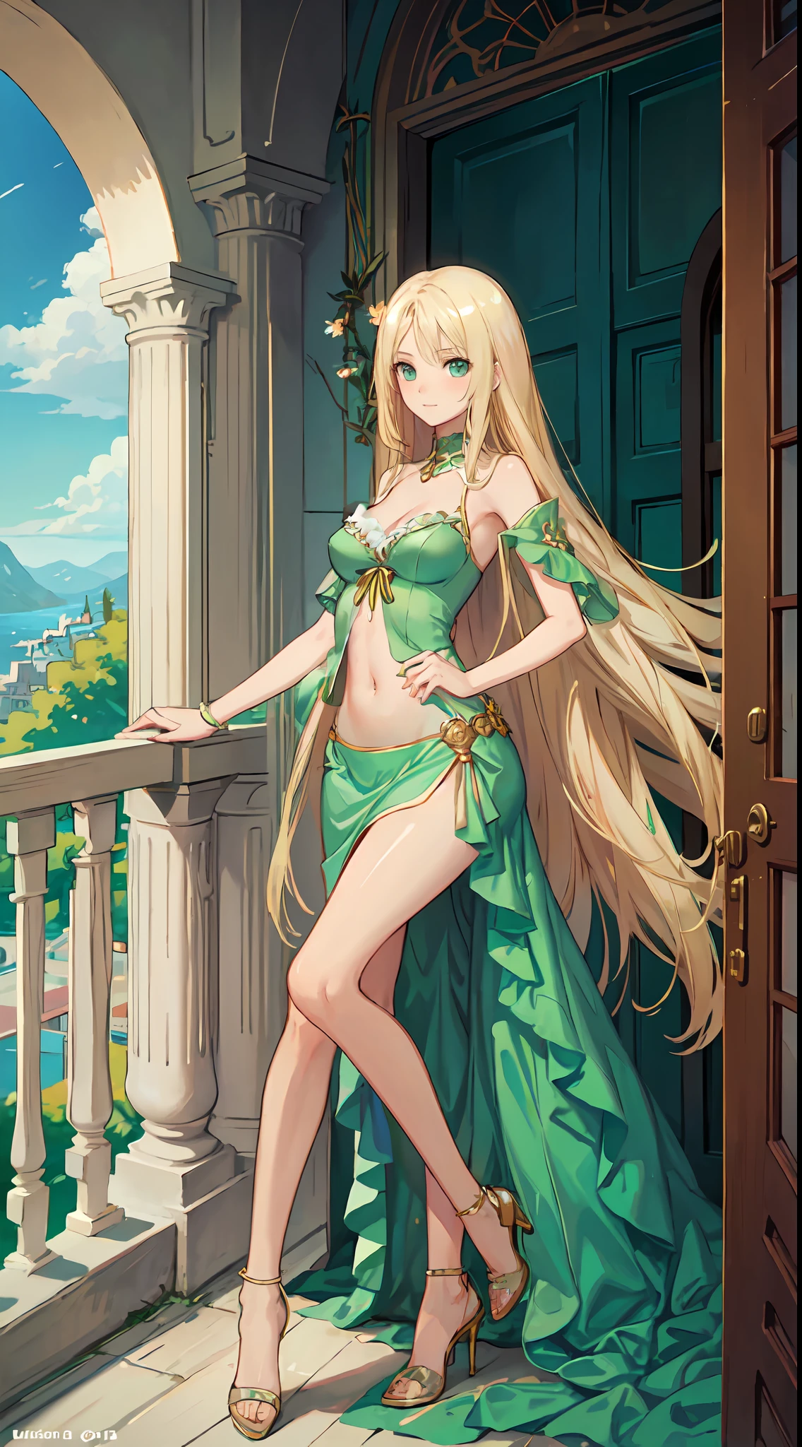 blonde hair, long hair, green eyes, green gown, skirt, slim legs, navel, balcony, happy