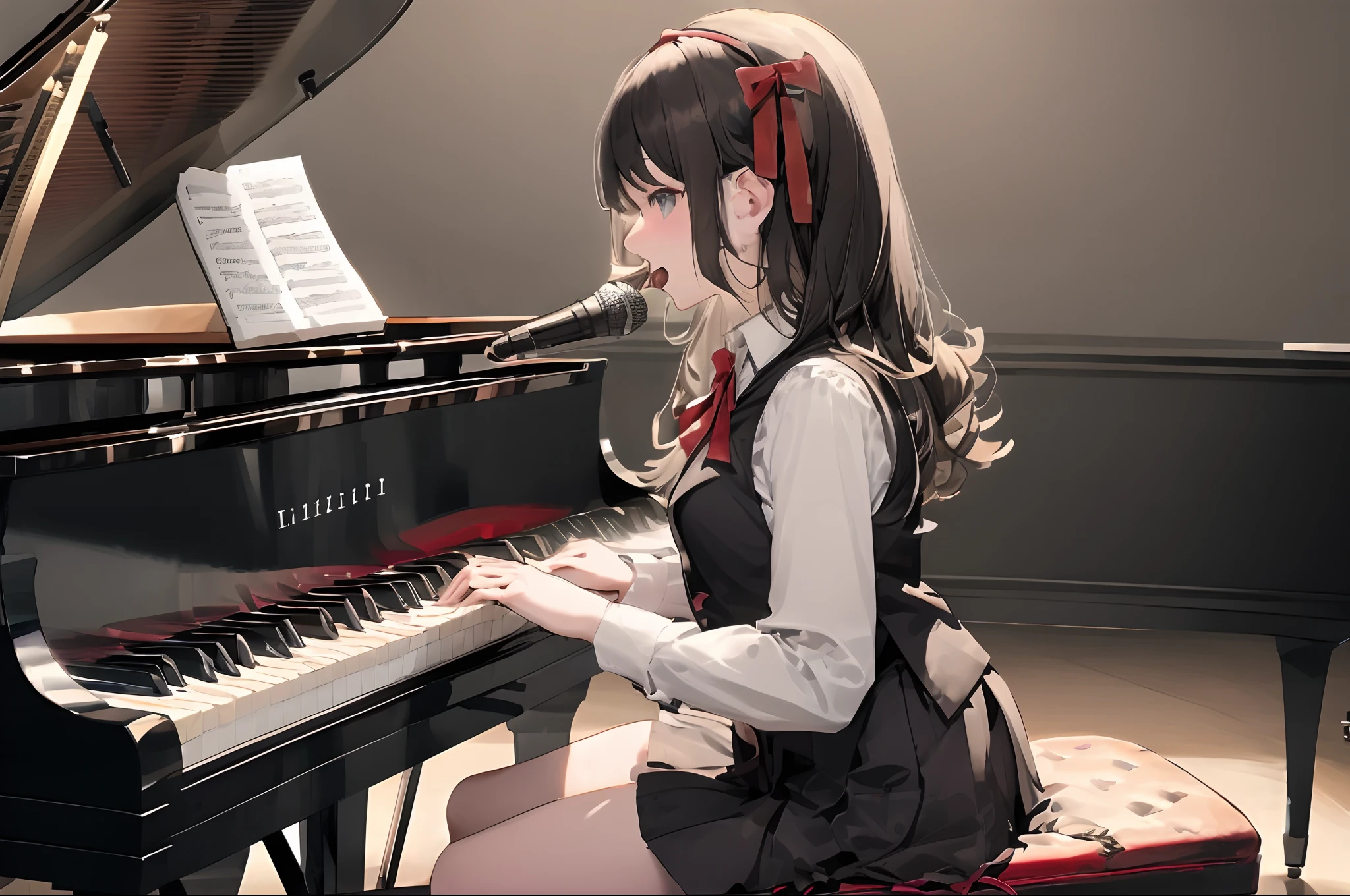 (top-quality、masterpiece:1.2) 1 girl playing the piano、(piano:1.2)、(microphone:1.2),The shirt、shairband、blue eyess、skirt by the、vests、bow ribbon、Piano Focus、long-sleeve、a blond、Long、White shirt、neck ribbon、shirt with collar、Red ribbons、(Singing Singing:1.2)、mideum breasts、a black skirt、Black vest、Black Hair Band、Hair on the shoulders、from side、depth of fields、light particules、sitting on、Piano chair、inside the house