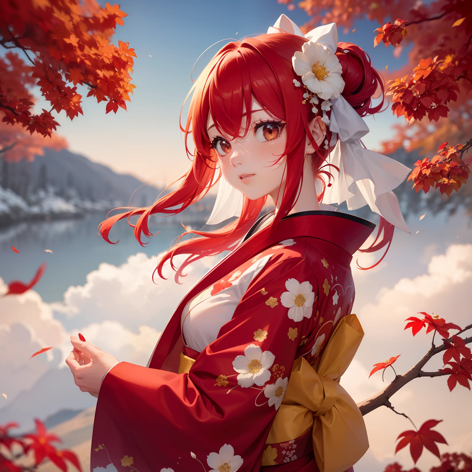 (Beautifully Aesthetic:1.2)、(1girl in:1.3)、(Red and white colorful hair:1.2)、Wearing a colorful red and white kimono、Cosmos flower、autumnal、Loneliness、