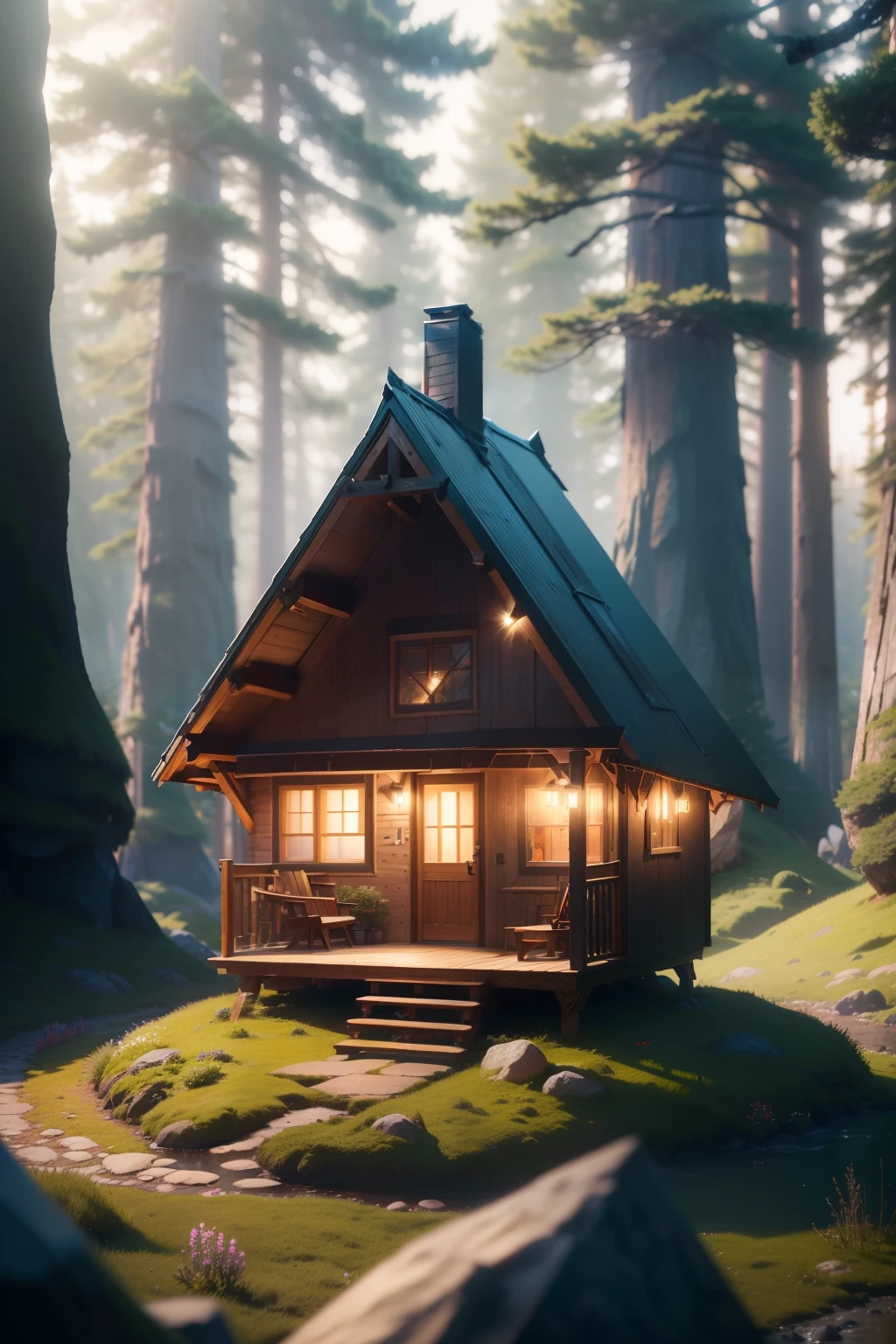 A tiny A-frame house (Masterpiece, Best Quality, High Quality, Highres:1.4), Detailed, Extremely Detailed, Ambient Soft Lighting, 4K,Blurry, Blurry Background, Depth of Field, Bokeh, DOF, Fog, Bloom Outdoors, (Nature, fantasy forest:1.2), (Rocks:1.2), sunny, sunlight, sunbeam, extreme terrain, flowers in front of the house