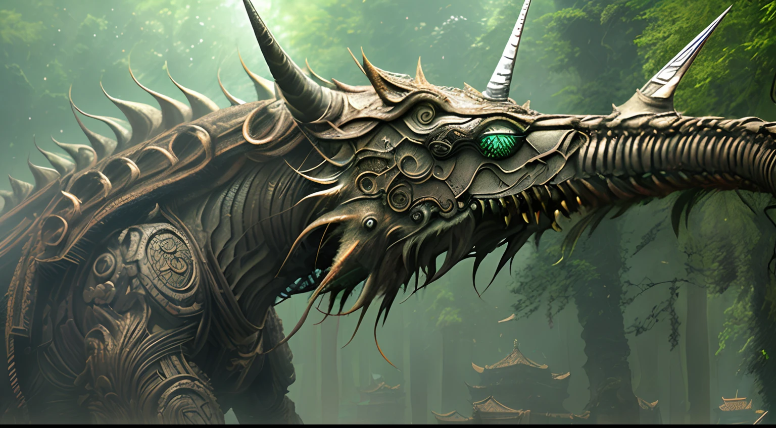(Extreme close-up) photore (Scared:1.1) (A 12th-century Chinese monastery:1.2), (rainforests:0.9), (tall grass:1.2), (Huge old dead alien unicorn monster left in the background:1.2), Wet, rays of sunshine, insanely details, Cinematic, epic realistic, Intricate details, ultra - detailed, High quality, primitive, author:Jakub Rozalski