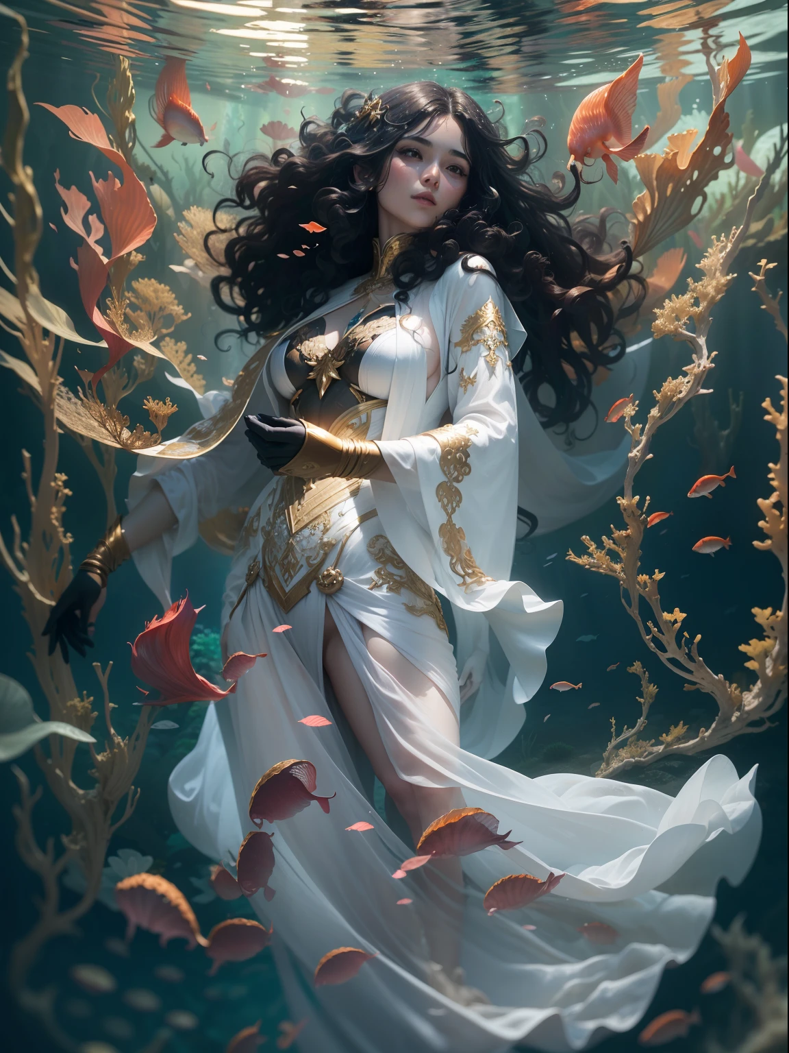 celestial sexy goddess underwater, in underwater seaweed garden, portrait, (dynamic pose), black long curly hair, wearing white robe, wearing golden hand glove, masterpiece, trends, 8k