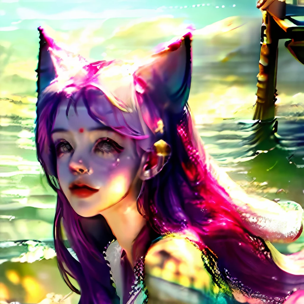 A high resolution，best qualtiy，fox ear，Two-dimensional girl，A pink-haired，blue clothes，beachside，evening light