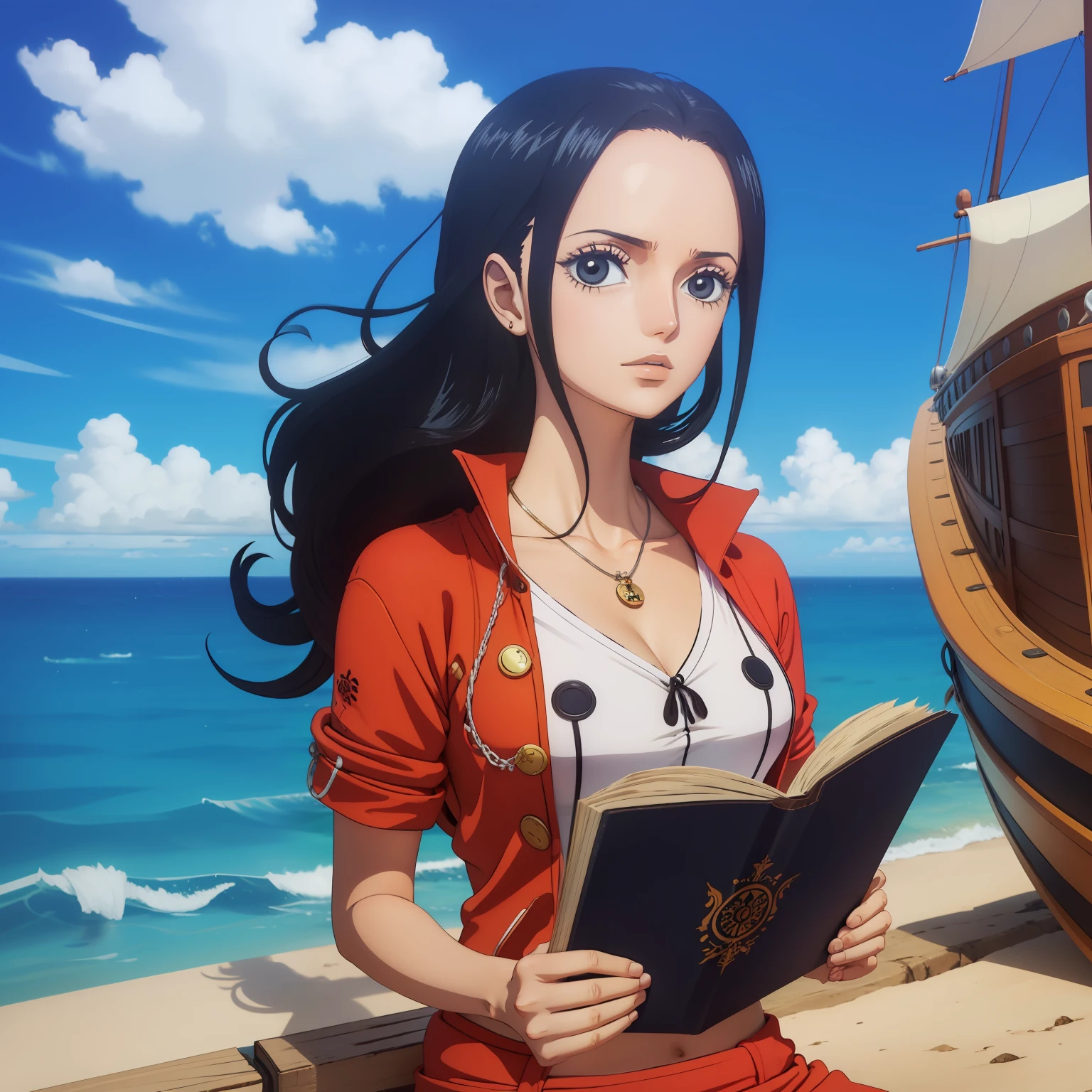 melhor qualidade, obra prima, u detalhada, of one piece, Estilo of one piece, Arte do local, arte chave, NAVIO, biblioteca, mulher de cabelos pretos cabelo comprido, Happy expression and laughter, Pose para foto, Poderia, Feliz, diary in her hand, perfect hands, Nico Robin, vestindo roupas pretas, medium breasts, lendo jornal, no mastro do navio