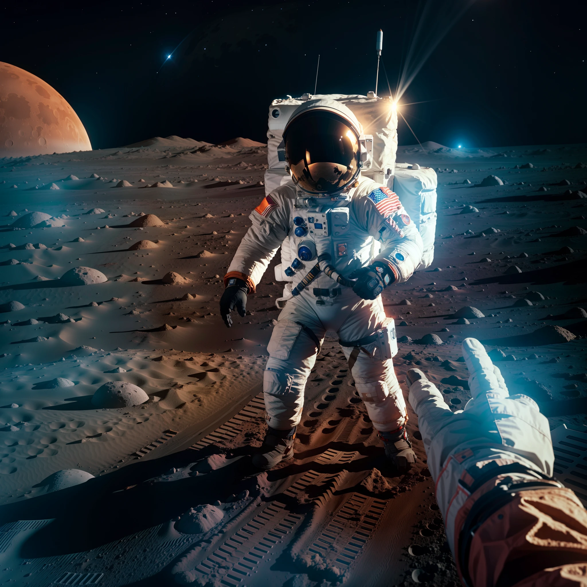 An astronaut holding Mars in his hands on the surface of the moon