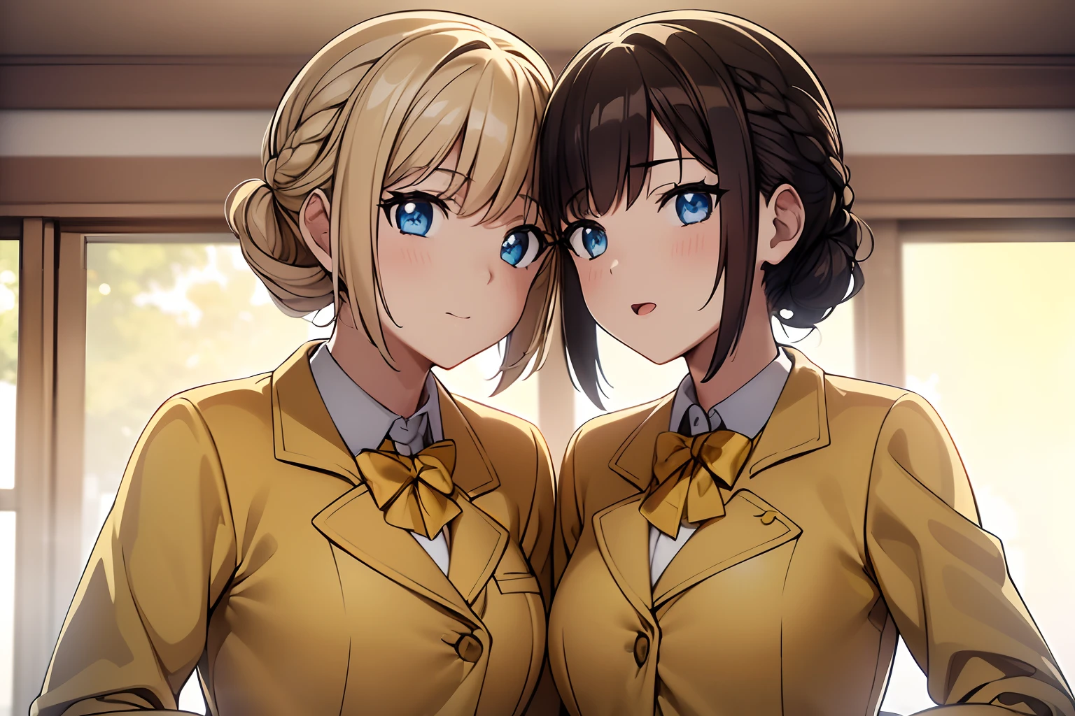 ((masterpiece, best quality, 8k, highres:1.1)), yellow school uniform, highleg, hazel eyes, yellow blazer, medium breasts, yellow pencil skirt, white thighhighs, white thighhigh socks, black high heels, (brown hair, blonde hair, curly hair, long hair, brown haired sisters, blonde sisters), (10+girls, family picture, identical sisters, clones), ((matching hairstyles, matching faces, same eye color, matching outfits))