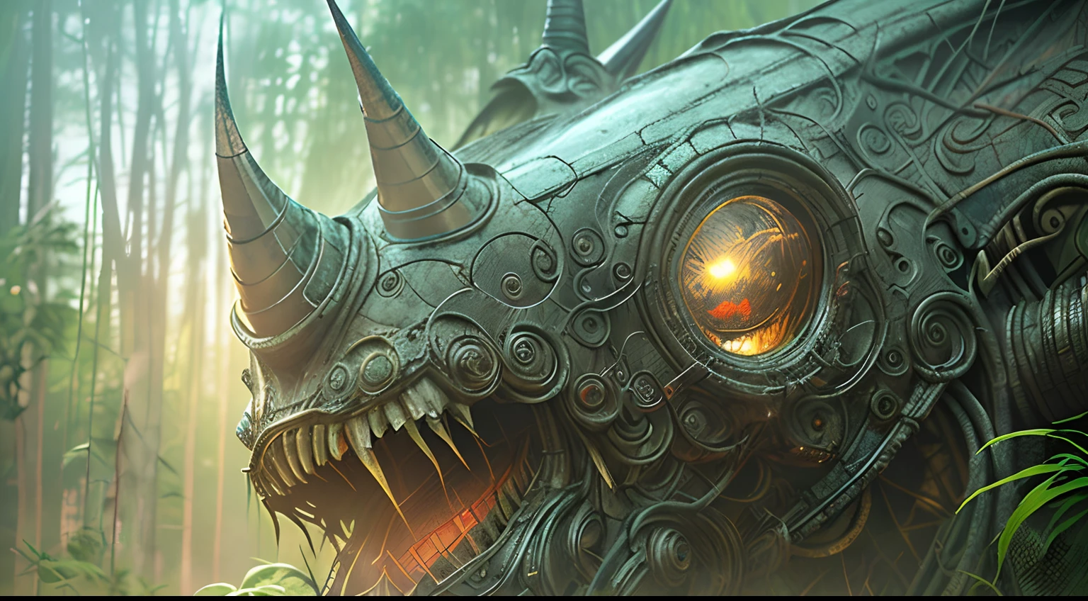 (Extreme close-up) photore (Scared:1.1) (A 12th-century Chinese monastery:1.2), (rainforests:0.9), (tall grass:1.2), (Huge old dead alien unicorn monster left in the background:1.2), Wet, rays of sunshine, insanely details, Cinematic, epic realistic, Intricate details, ultra - detailed, High quality, primitive, author：Jakub Rozalski