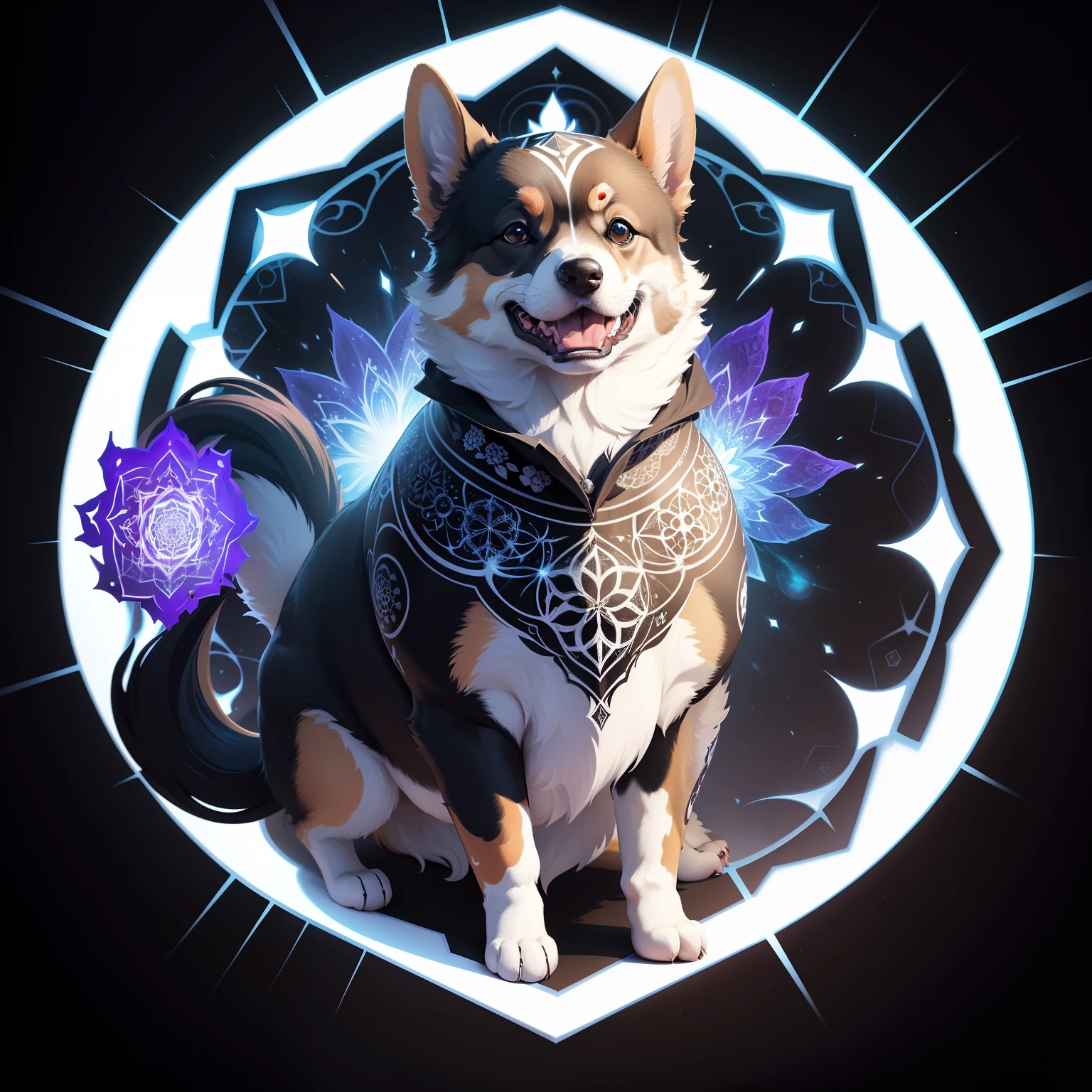 Fractal Theme, mockup, corgis in designer clothes, Art Stereometry, Mathematics, Art Fantasy, Art Flower of Life Sacred Geometry, sparks and surges, sticker, vector t-shirt art design, ready to print, white bg, vibrant, absolutely black thin contour lines, detailed, sticker