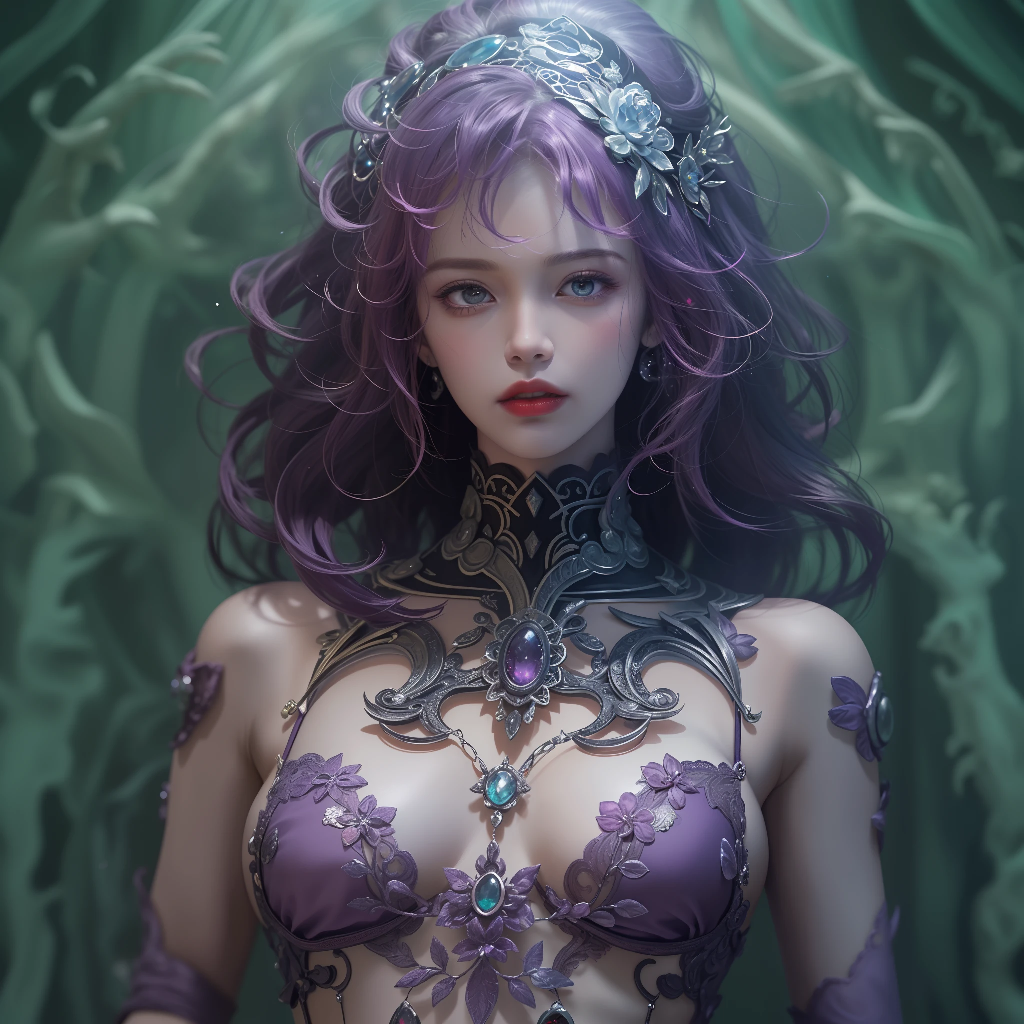(Masterpiece:1.2), (Best Quality 1.2), Detail,Super Detail with Beautiful Porcelain Outline, Vivid Detail, Lace, Ultrarealistic, Anatomical, Elegant, Beautiful Background, Octane Rendering, H.R. Giger Style, 16K, Best Quality, Masterpiece, Best Illustration Ever, Very Delicate and Beautiful, Very Elaborate, CG, Unity, Wallpaper, (Realism, Photography) - Real: 1.37) Amazing, elaborate details, masterpieces, top quality, official art, highly detailed CG Unity 16K wallpapers, absurd, incredibly ridiculous, look at the viewer,close up, 1 girl idol,(), open forehead, curly hair, (medium hair), two-tone purple and pink hair, disheveled hair, beautiful detailed eyes, characteristic pupils, Purple pupils, cape, thigh gap, normal breasts, bound hips, red lipstick, choker, exquisite and noble idol fashion, see-through material, sheerness, nipple unevenness, (top-down bottom-up: 0.8), (ORC: 1.2), dynamic pose (from behind), NSFW, once-in-a-lifetime miracle moment, fantastic visual depiction, professional effects,