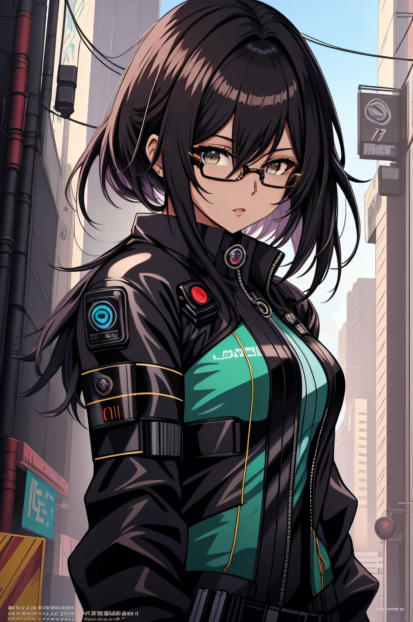 Anime - imagem de estilo 1mulher com olhos azuis e cabelo preto, cabelo preto, sobrancelha grossa, rosto de mulher de 27 anos, jovem de 27 anos, boca fechada, corpo inteiro, Arte de anime cyberpunk, (boca fechada: 1.5), (二重まぶた), (cabelo preto: 1.3), (cabelo curto: 1.3), usando vestido, arte digital do anime cyberpunk, Arte de anime cyberpunk, gama murata e artgerm, eyeglass, roupa futurista, (corpo todo: 1.7), usando vestido, stylish pants, Technological dress, transparent spectacle lenses, Artgerm extremamente detalhado, Anime cyberpunk moderno, Artgerm e Atey Ghailan, Artgerm e Genzoman, boca fechada