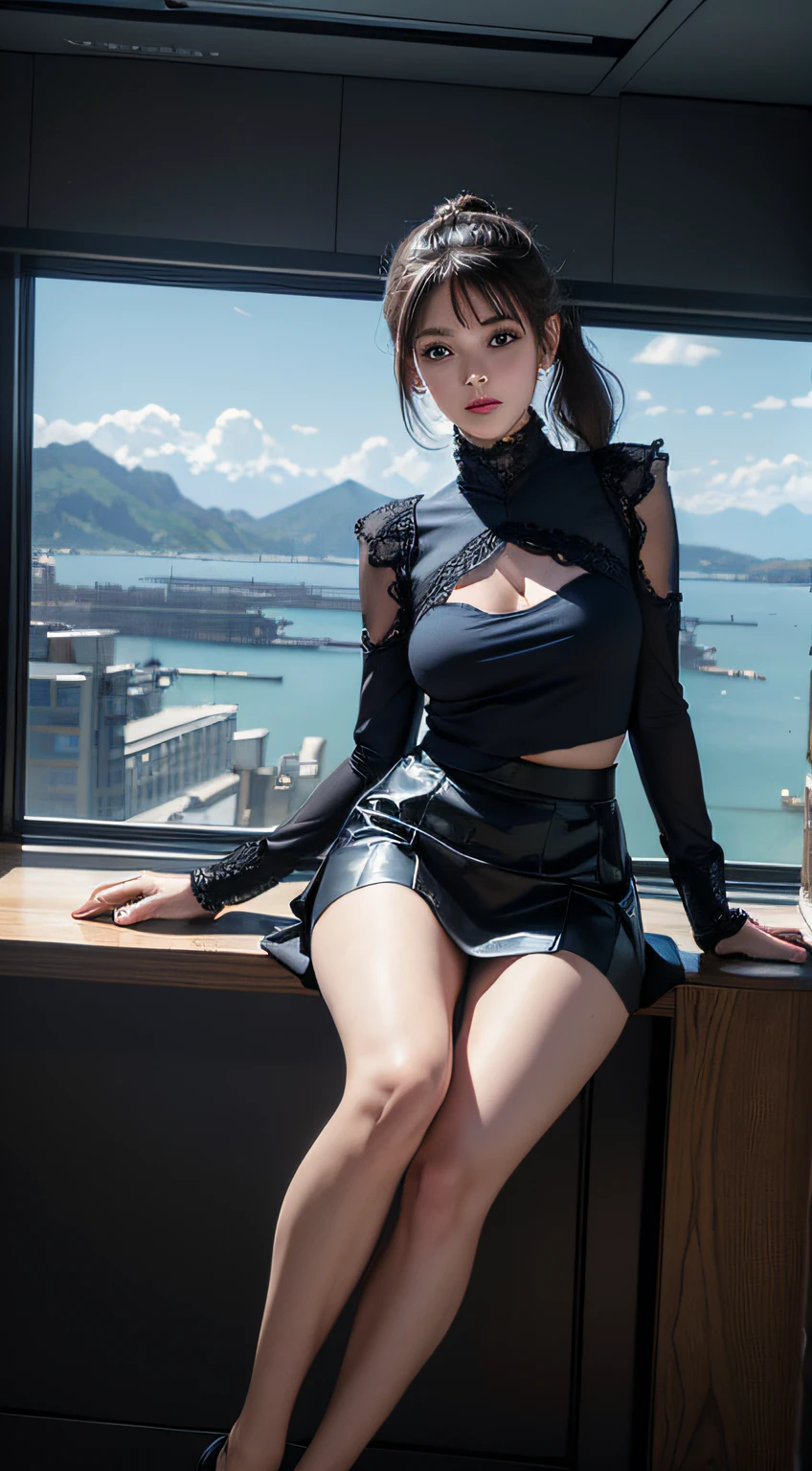 (8K, RAW photo, Best quality, Mastery:1.2), (Realistic, photo-realistic:1.37),1 girl,Cute,Blue eyes, (Solo),full-body portraits，Detailed ponytail，Dramatic angles，office room，looking at viewert，angle of view ,cyber punk perssonage,Short black lace skirt，