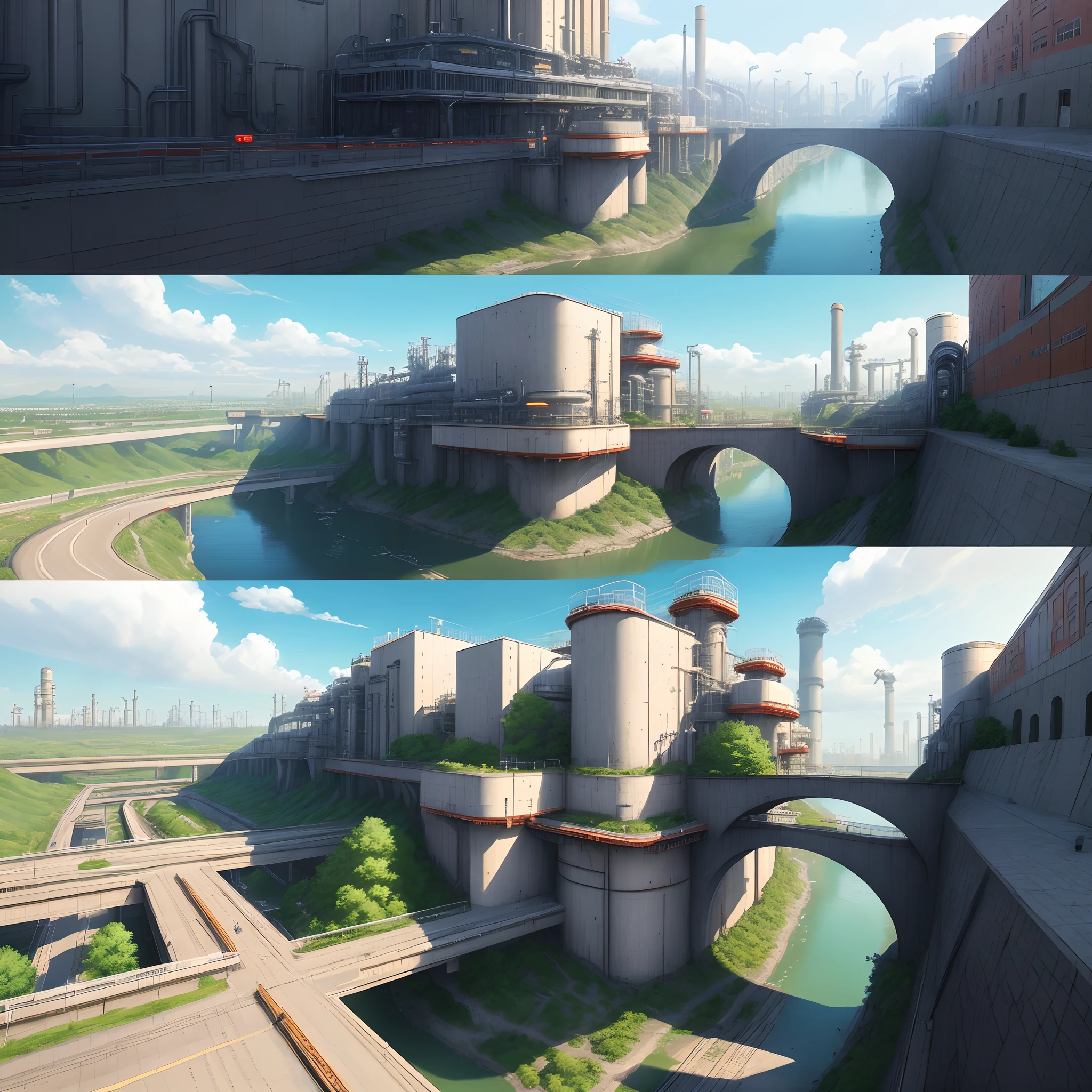 sci-fi cyberpunk city, bridges, deep ravine rift in the middle, terraced streets, reactors, breeder, oil refinery, cars, sunny days, industrial architecture, masterpiece, best quality, high detial, hyper realistic