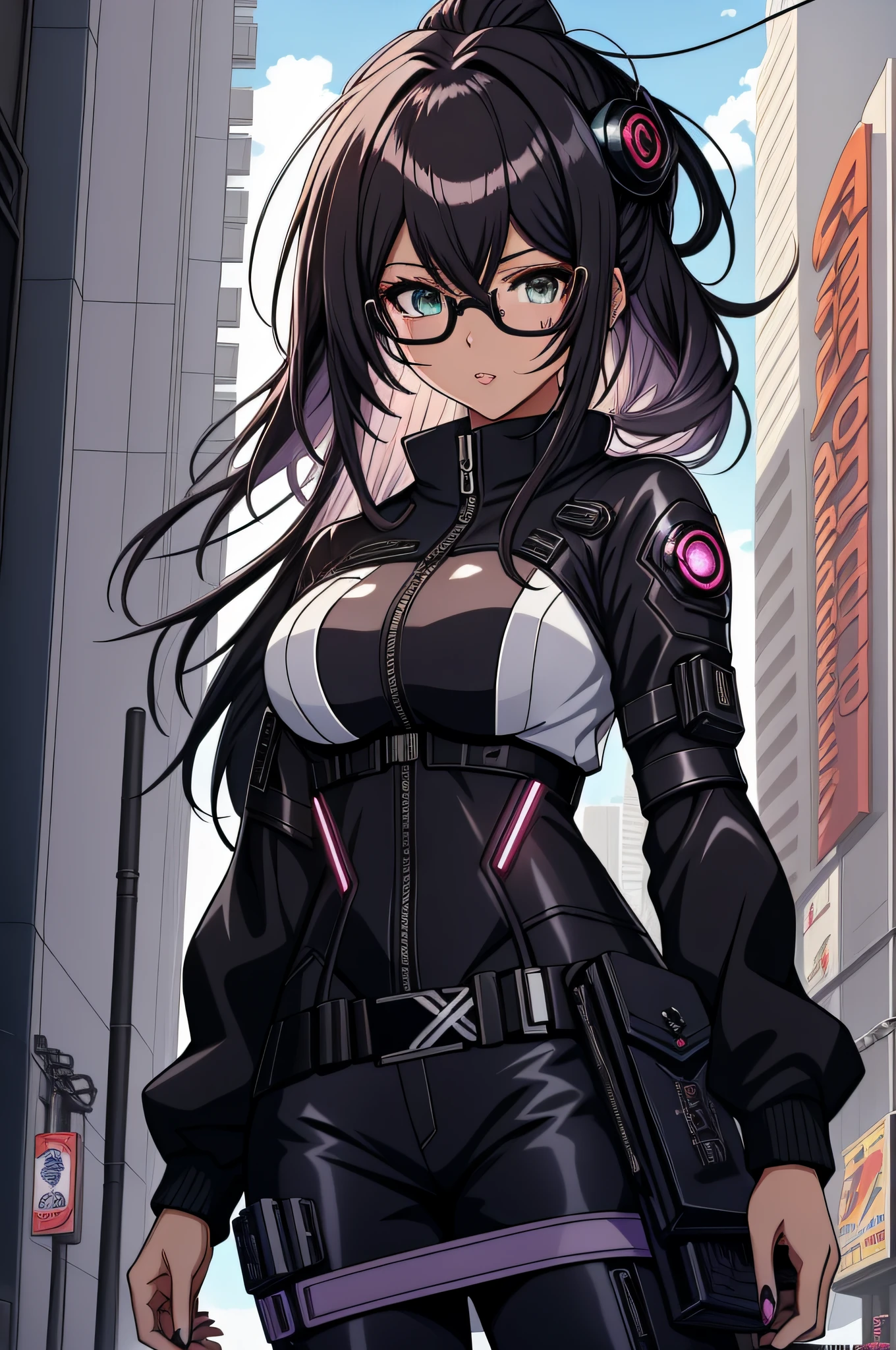 Anime - imagem de estilo 1mulher com olhos azuis e cabelo preto, cabelo preto, sobrancelha grossa, rosto de mulher de 27 anos, jovem de 27 anos, boca fechada, corpo inteiro, Arte de anime cyberpunk, (boca fechada: 1.5), (二重まぶた), (cabelo preto: 1.3), (cabelo curto: 1.3), usando vestido, arte digital do anime cyberpunk, Arte de anime cyberpunk, gama murata e artgerm, eyeglass, roupa futurista, (corpo todo: 1.7), usando vestido, stylish pants, Technological dress, transparent spectacle lenses, Artgerm extremamente detalhado, Anime cyberpunk moderno, Artgerm e Atey Ghailan, Artgerm e Genzoman, boca fechada