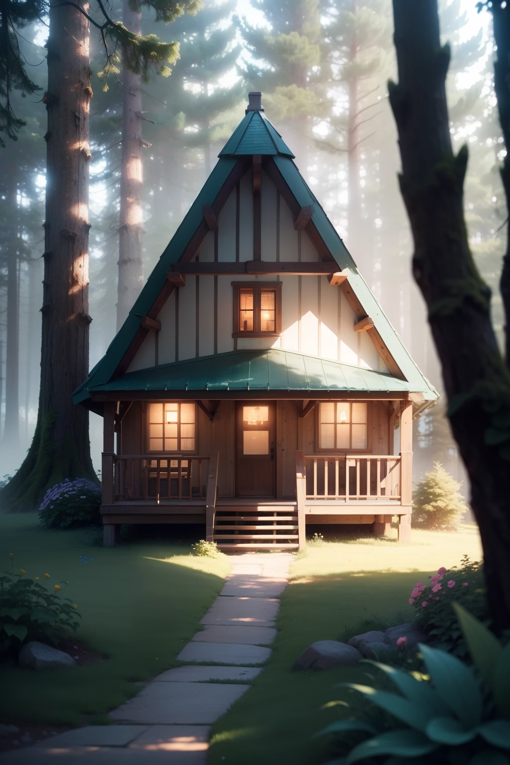 A tiny A-frame house (Masterpiece, Best Quality, High Quality, Highres:1.4), Detailed, Extremely Detailed, Ambient Soft Lighting, 4K,Blurry, Blurry Background, Depth of Field, Bokeh, DOF, Fog, Bloom Outdoors, (Nature, fantasy forest:1.2), (Rocks:1.2), sunny, sunlight, sunbeam, extreme terrain, flowers in front of the house, bluish fog