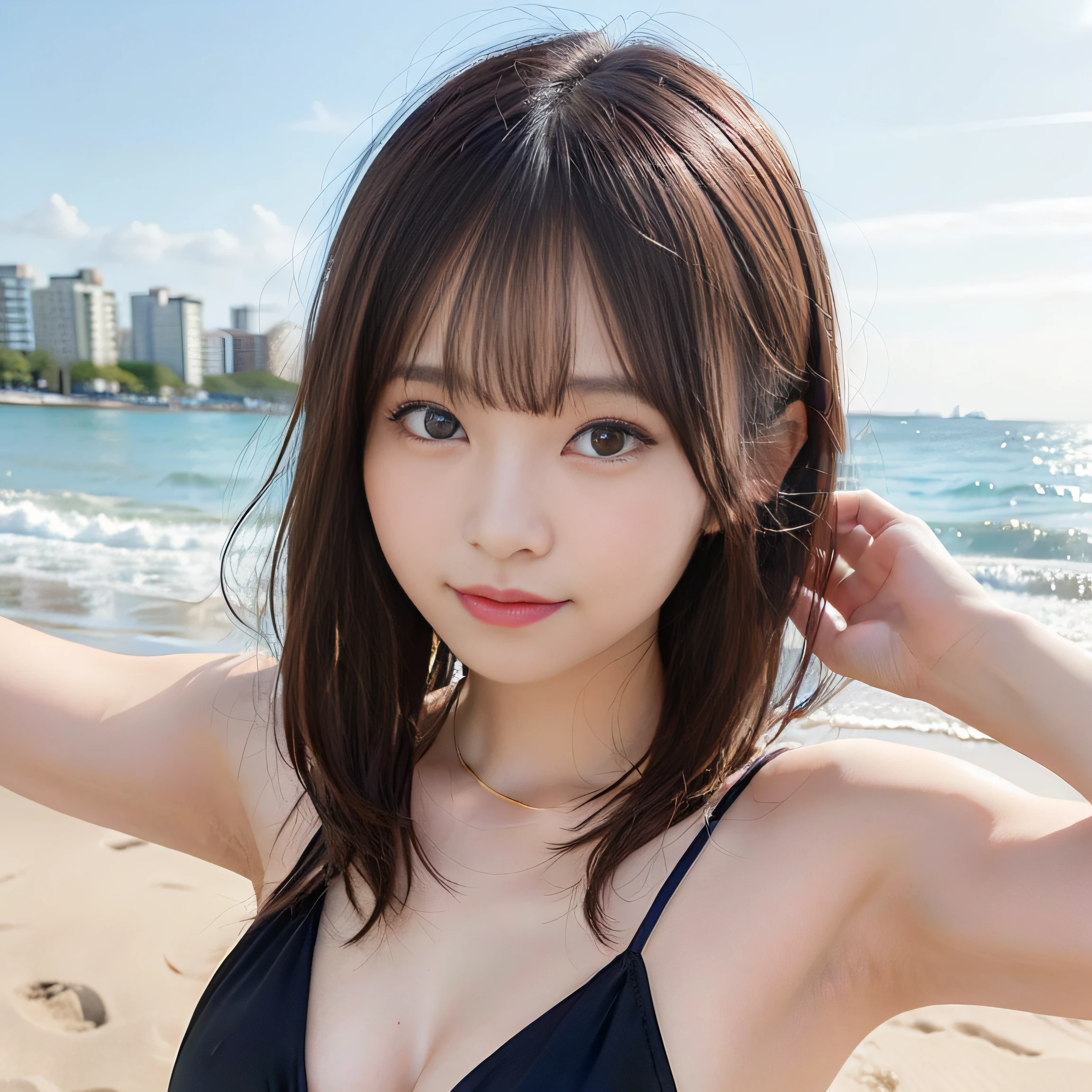 (masterpiece:1.2, highest quality), blur the background,Photographed with a wide-angle single focus lens,1 High school girl, (big breasts), Completely naked, brown hair,ponytail,bright eyes,blushing face,Highly detailed face and skin texture, healthy skin,big smile, (tropical beach),4K resolution