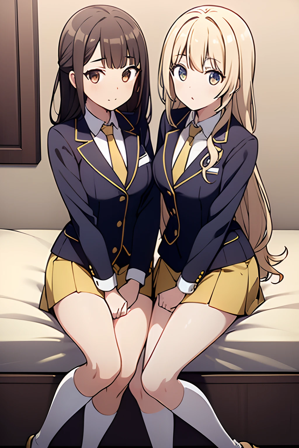 masterpiece, Best quality, Ultra detail, 8k_wallpaper, (beautiful eyes), (cute), (cute), (lovely), (erotic),three girls,dull bangs,long hair,cleavage,thighs,mini skirt,flat breasts,,three schoolgirls,high socks,,knee socks,,panties,back figure, m open legs,, ahe face,luxury bed, indoor, lying down